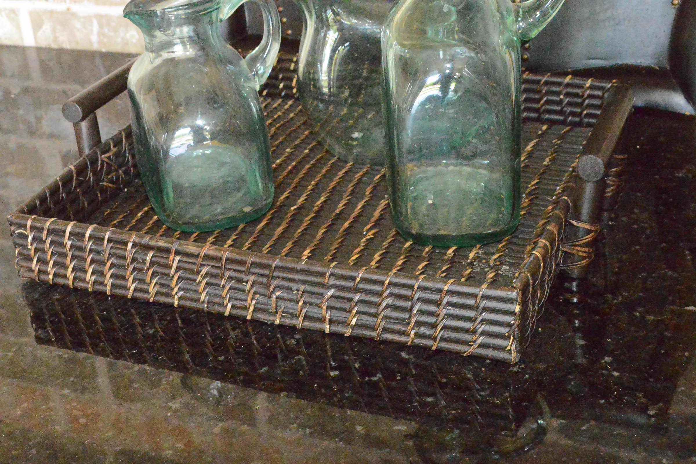 Pair of Wooden Trays and Two Glass Bottles