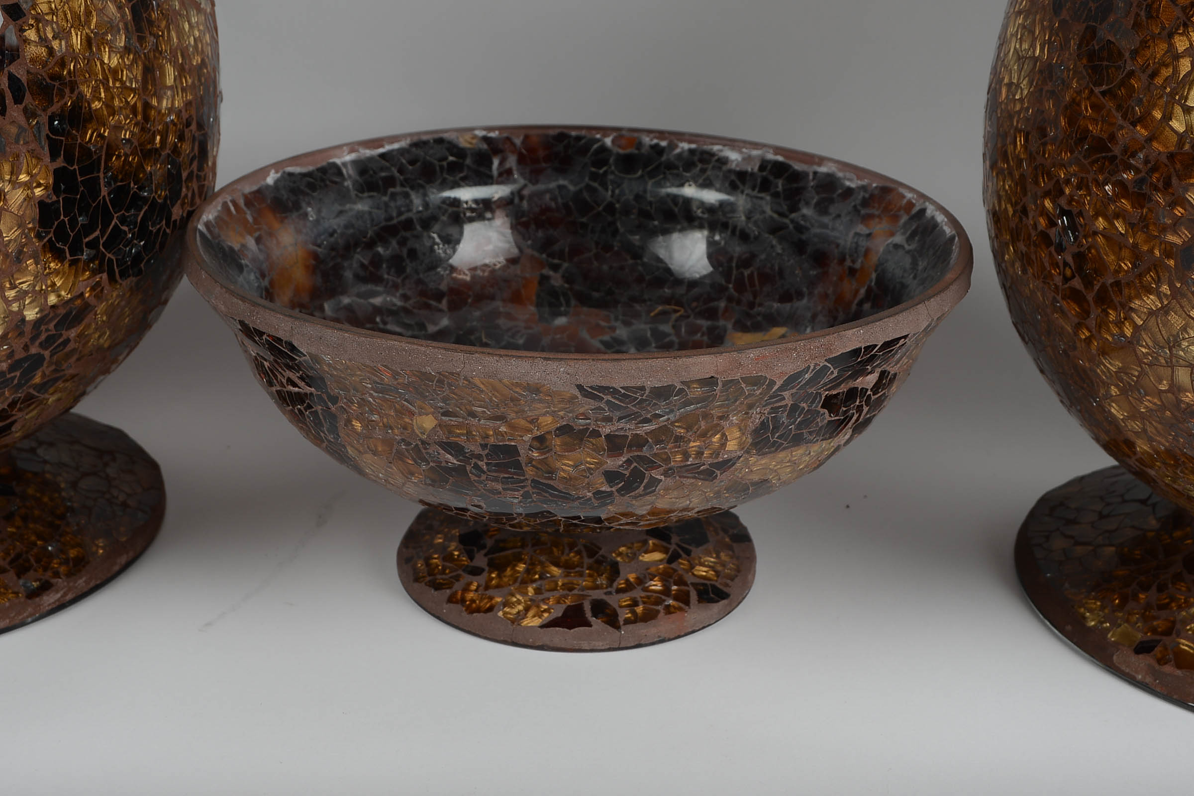 Pair of Amber-Tone Mosaic Glass Vases with a Compote