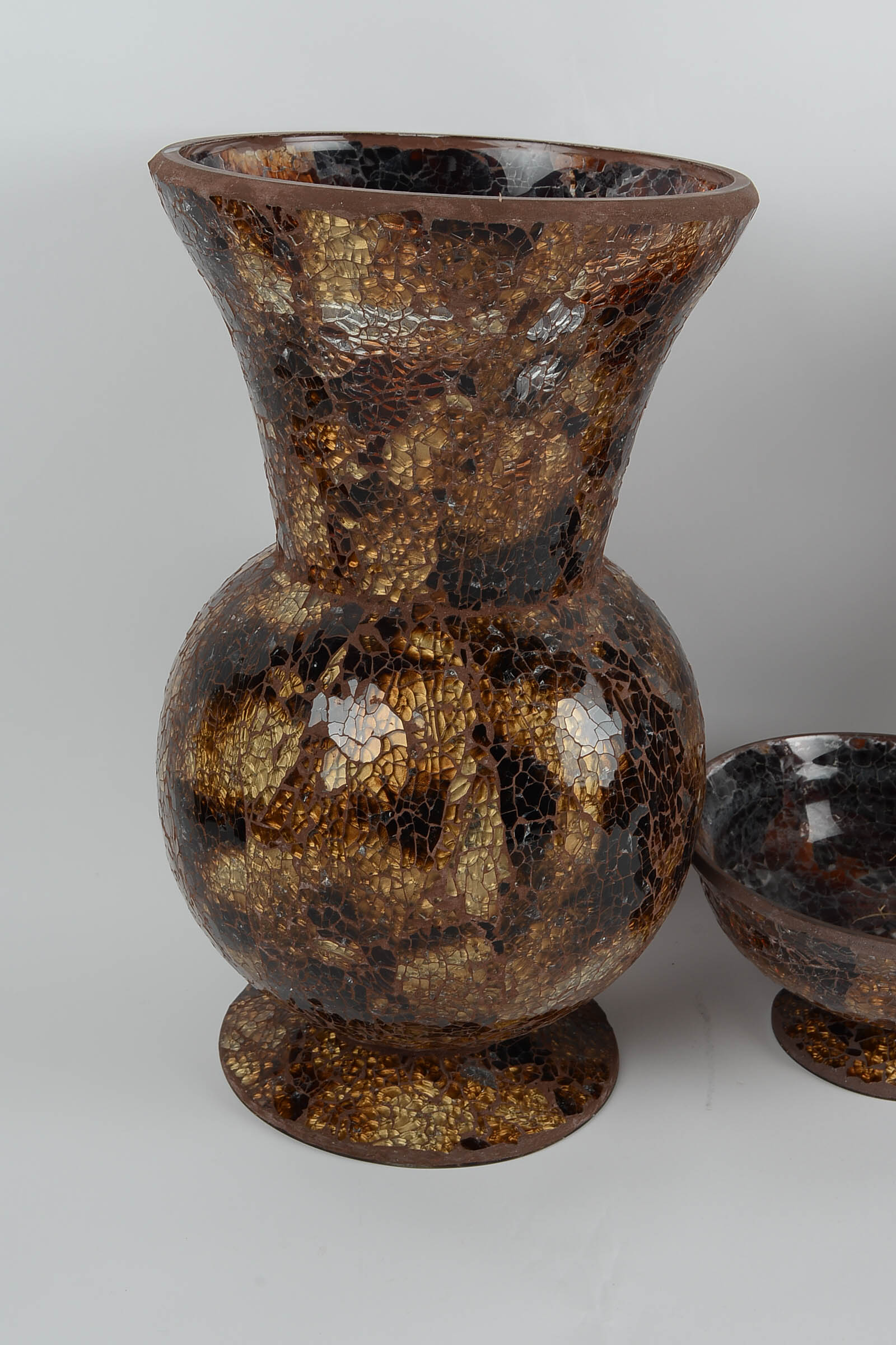 Pair of Amber-Tone Mosaic Glass Vases with a Compote