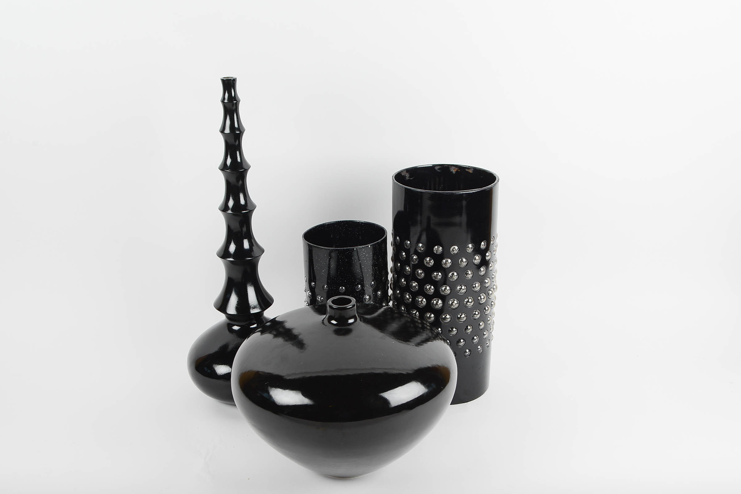 Set of Black Ceramic and Wood Glazed Decor