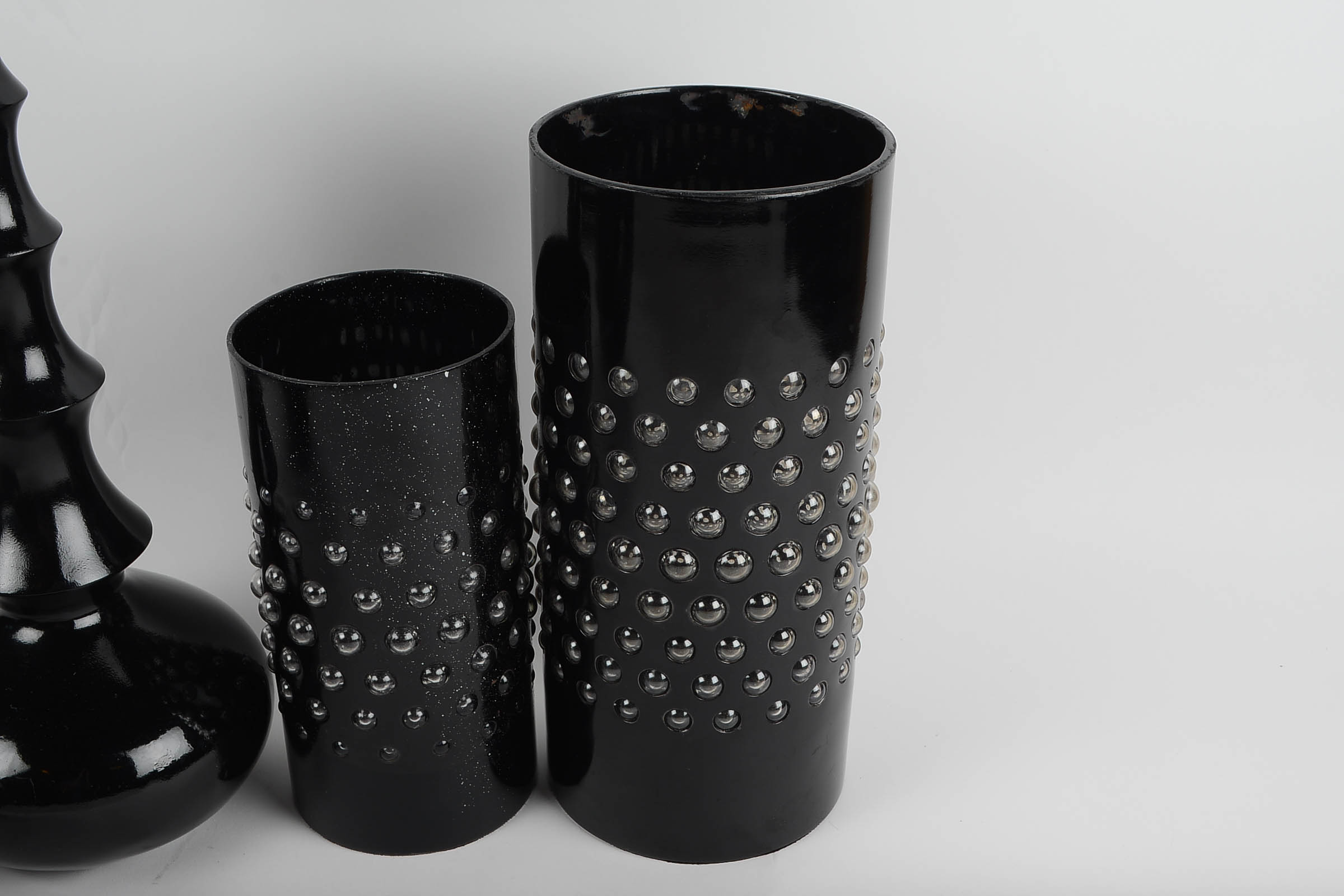 Set of Black Ceramic and Wood Glazed Decor