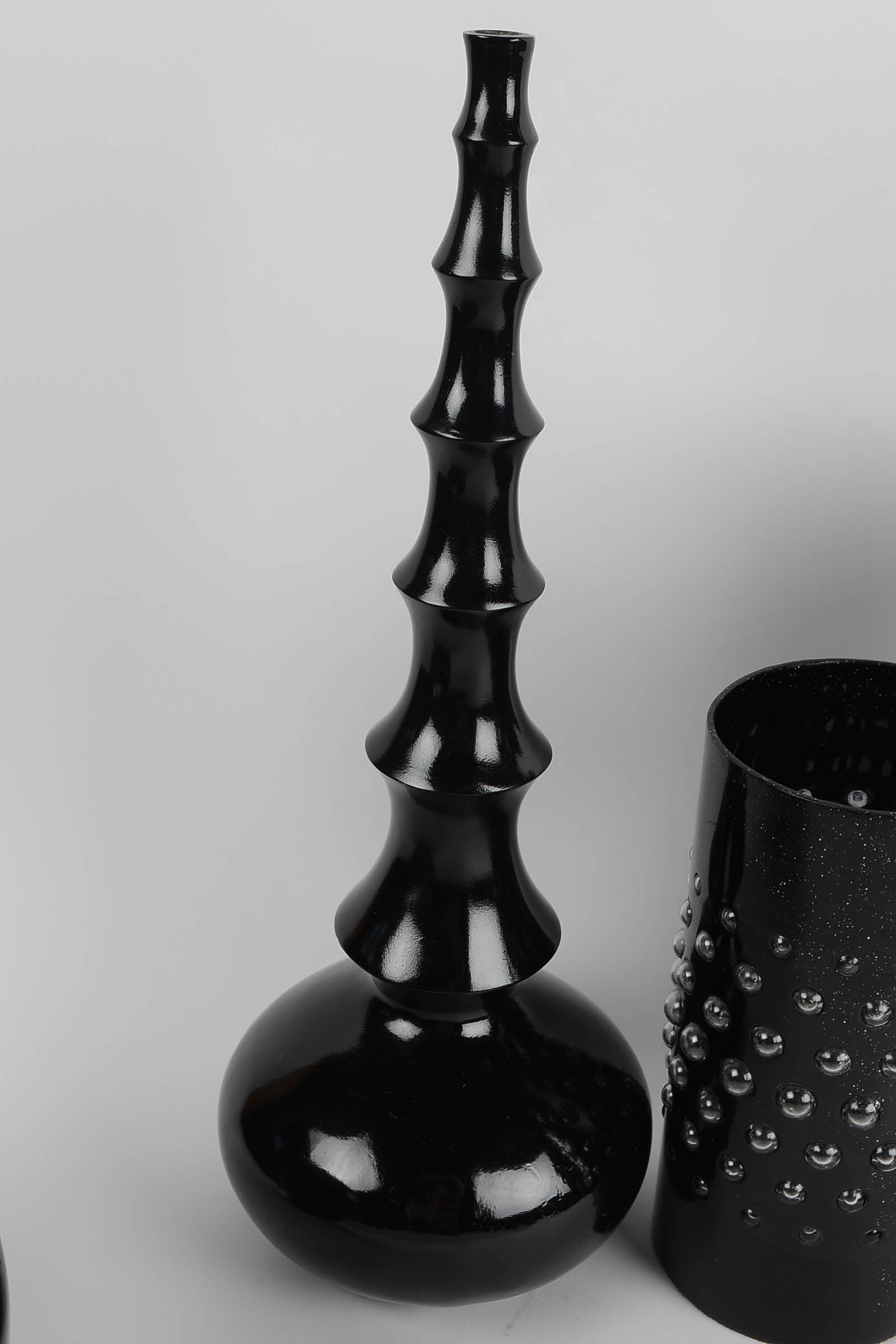 Set of Black Ceramic and Wood Glazed Decor