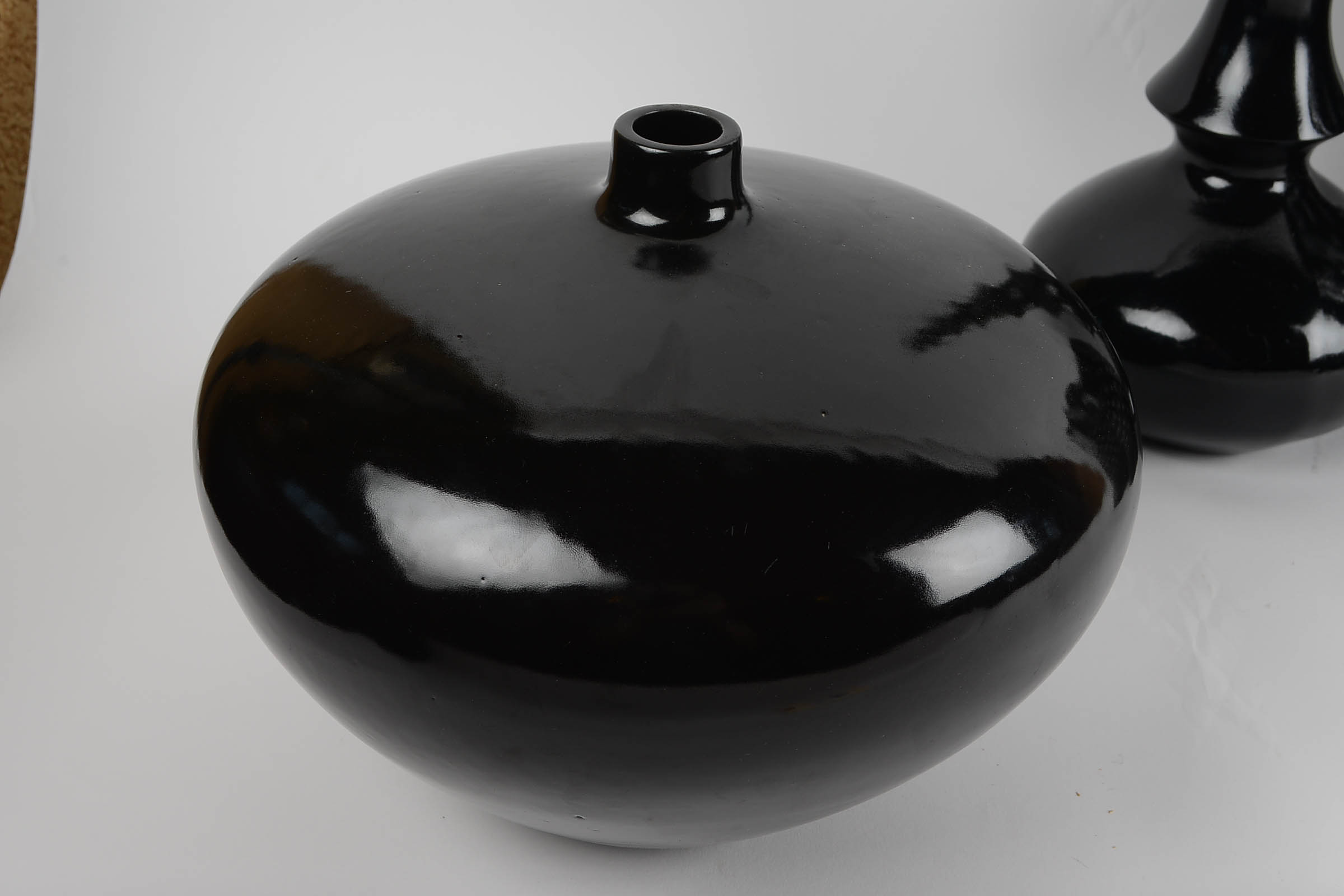 Set of Black Ceramic and Wood Glazed Decor