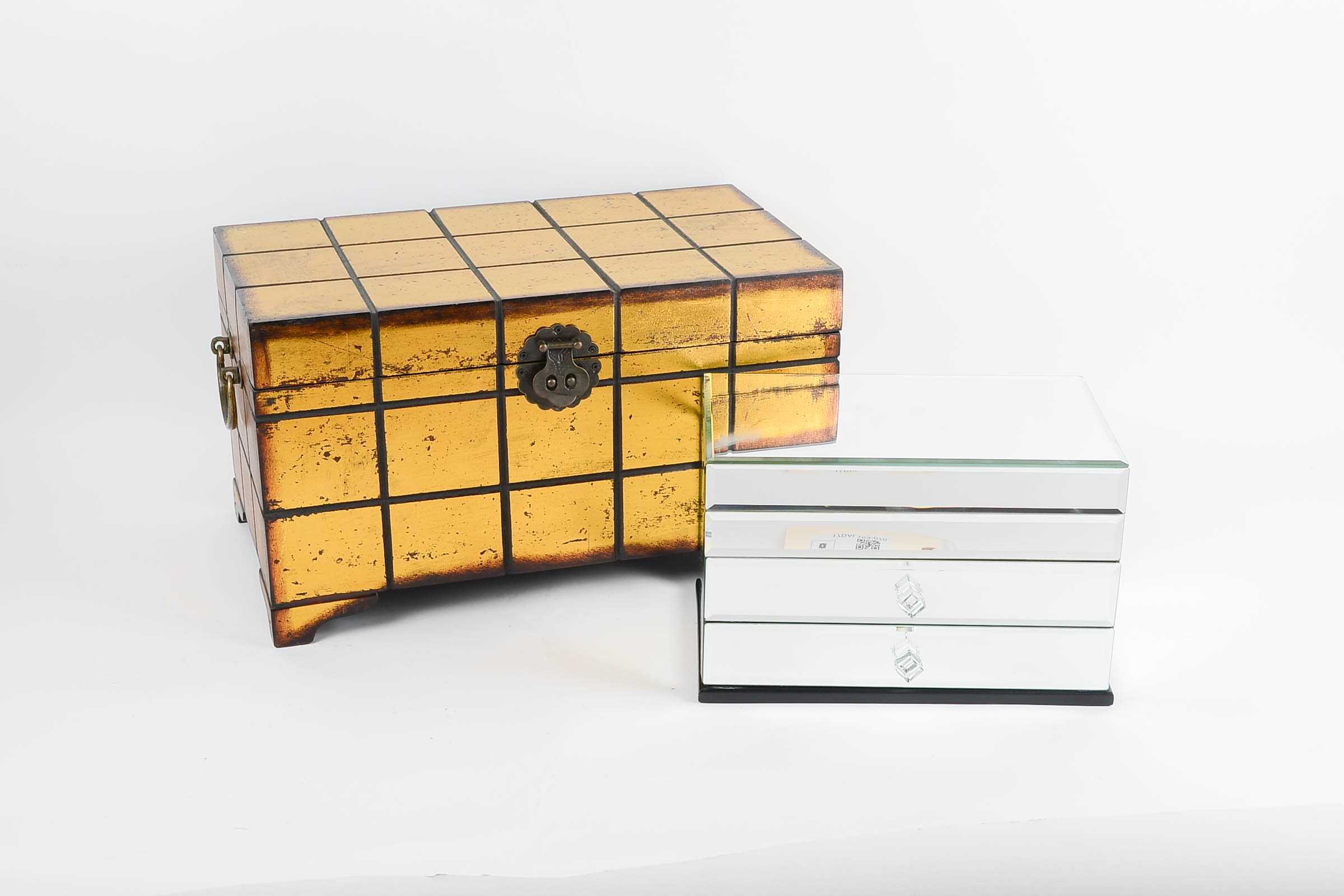 Mirrored Jewelry Box and Gold Tone Chest