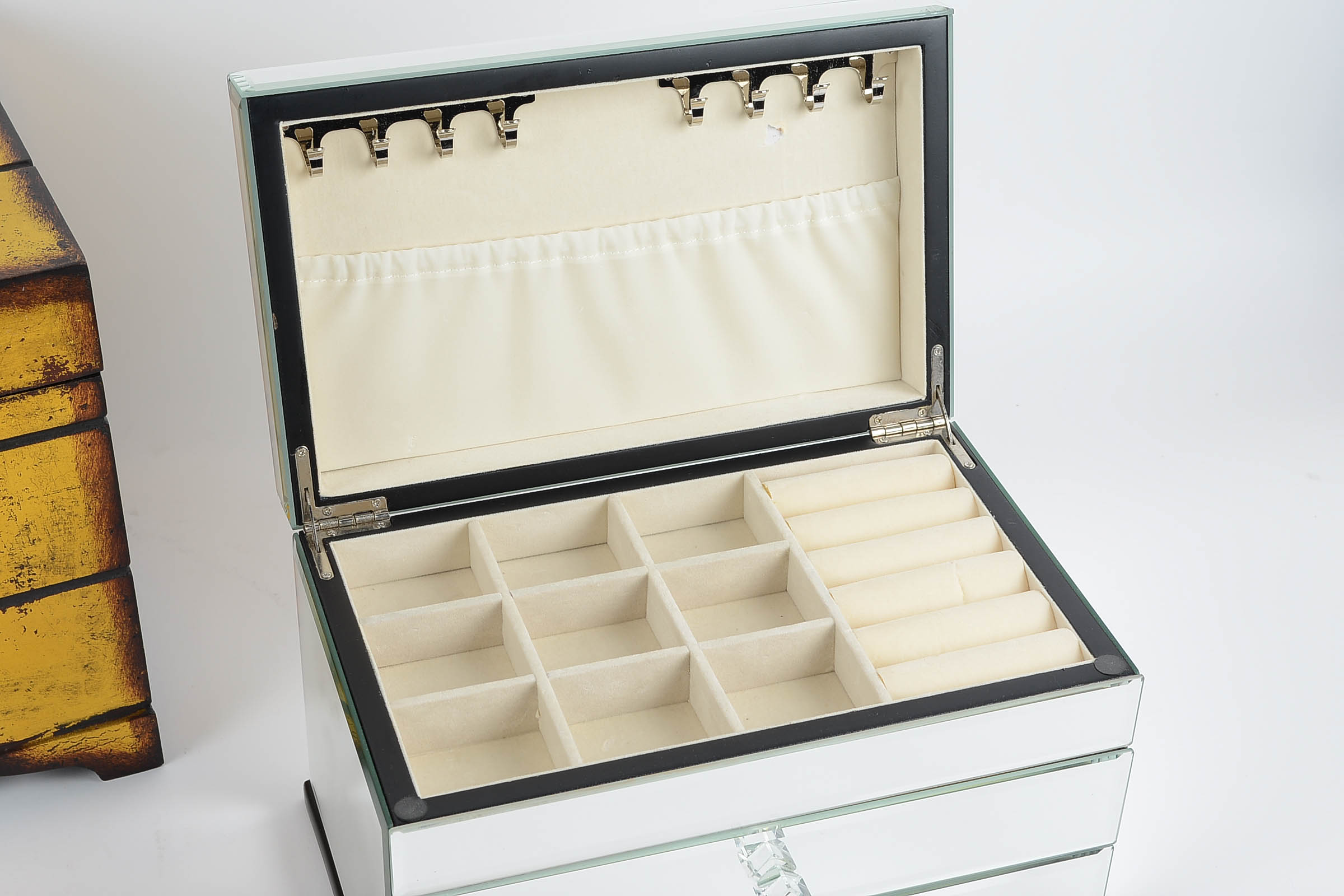 Mirrored Jewelry Box and Gold Tone Chest