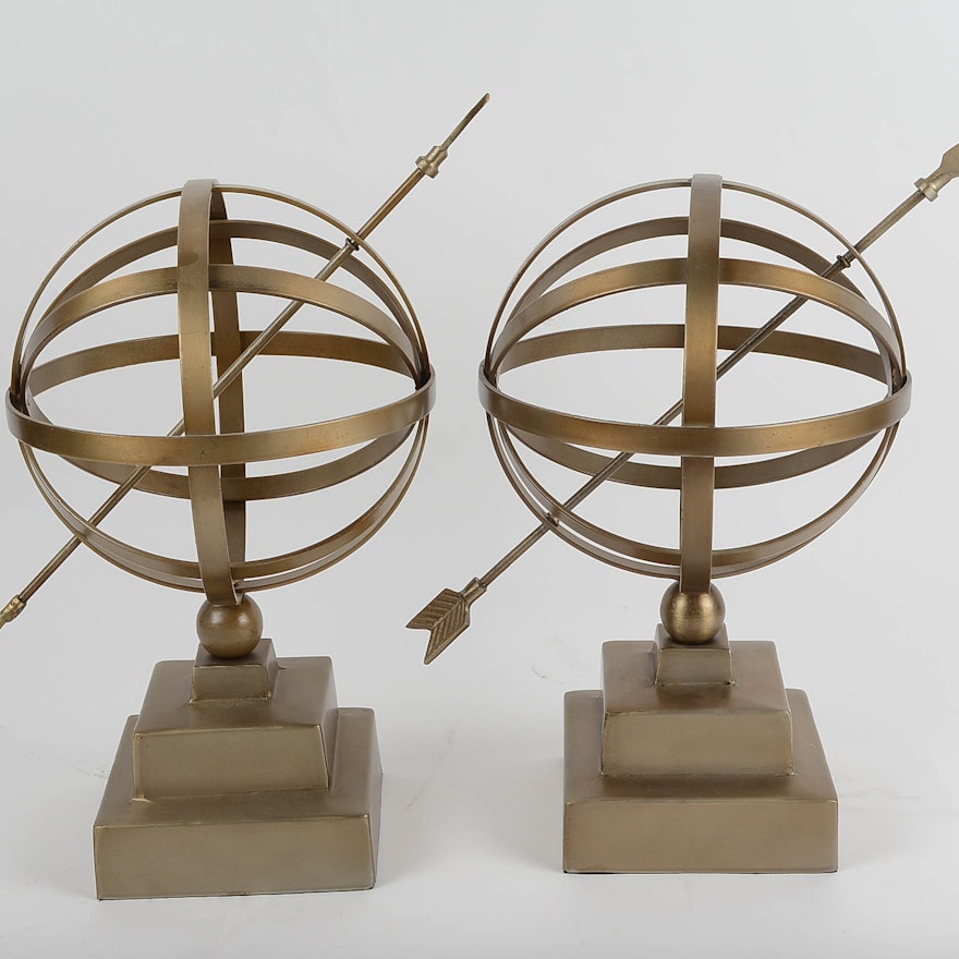 Pair of Metal Armillary Style Sphere Sculptures