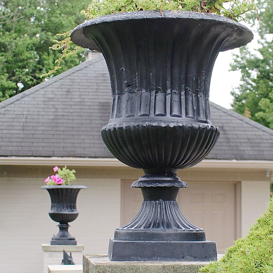 Two Classical Style Cast Iron Garden Planter Urns