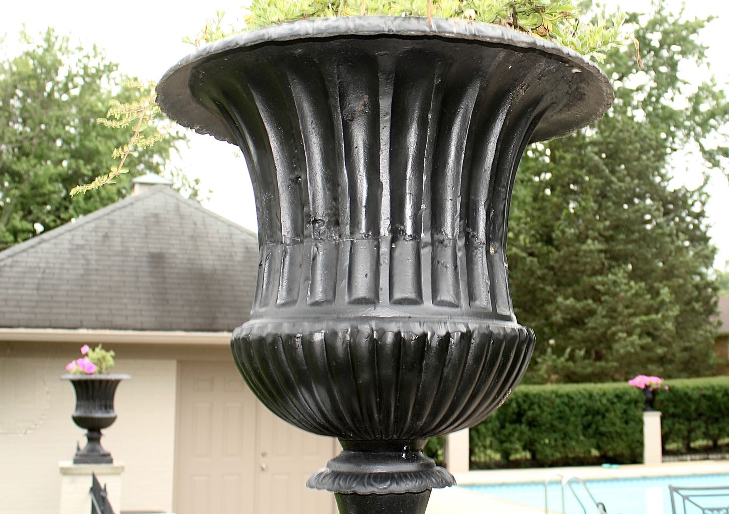 Two Classical Style Cast Iron Garden Planter Urns