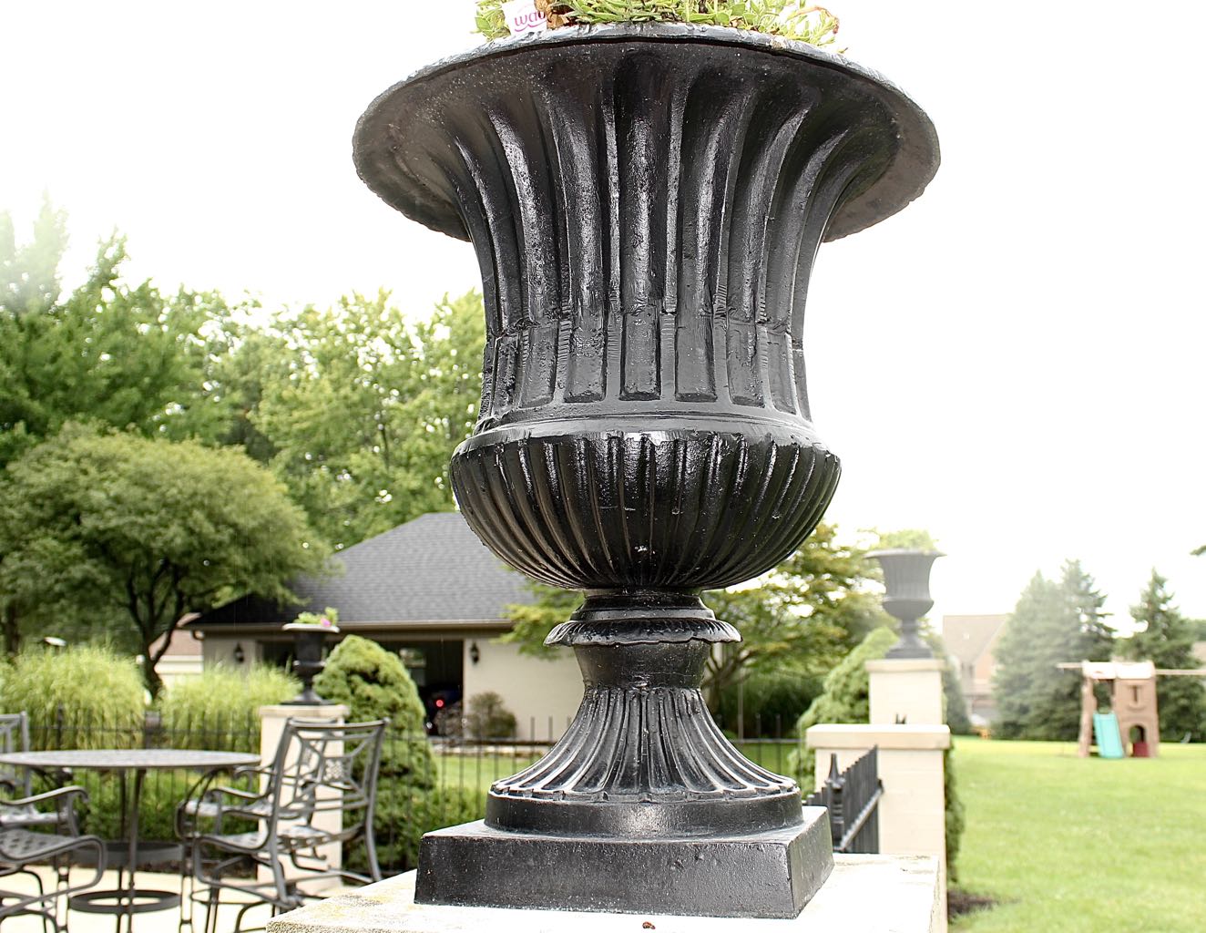 Two Classical Style Cast Iron Garden Planter Urns