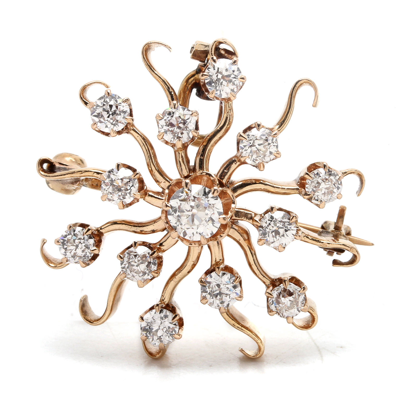 Victorian Revival 14K Yellow Gold Starburst Diamond Pendant Brooch