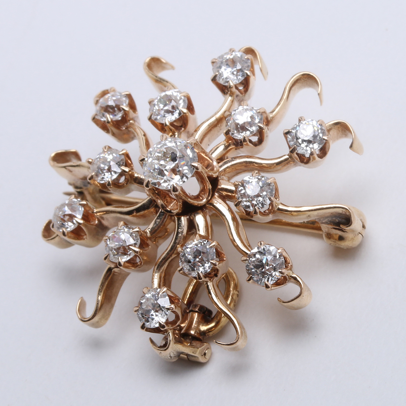 Victorian Revival 14K Yellow Gold Starburst Diamond Pendant Brooch