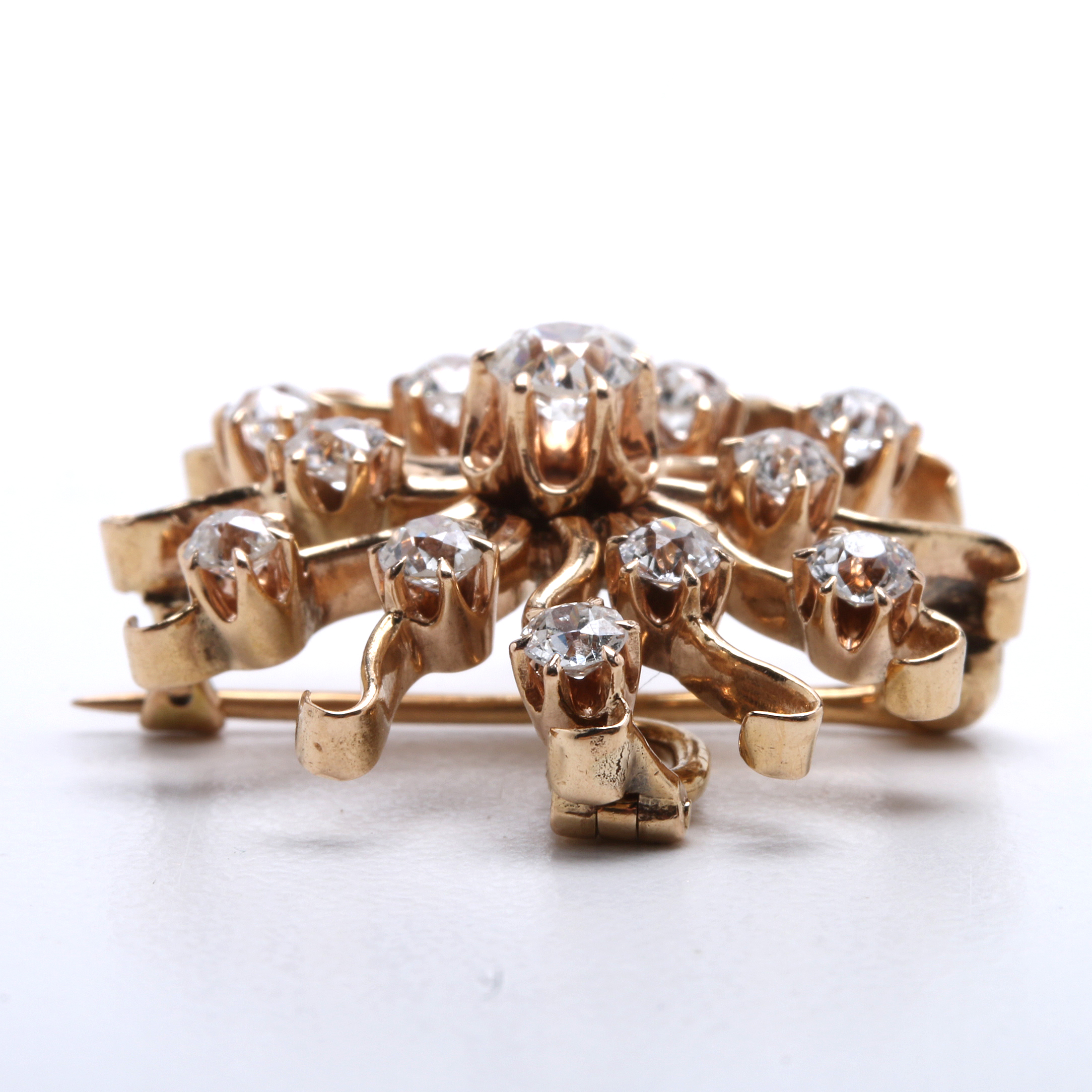 Victorian Revival 14K Yellow Gold Starburst Diamond Pendant Brooch