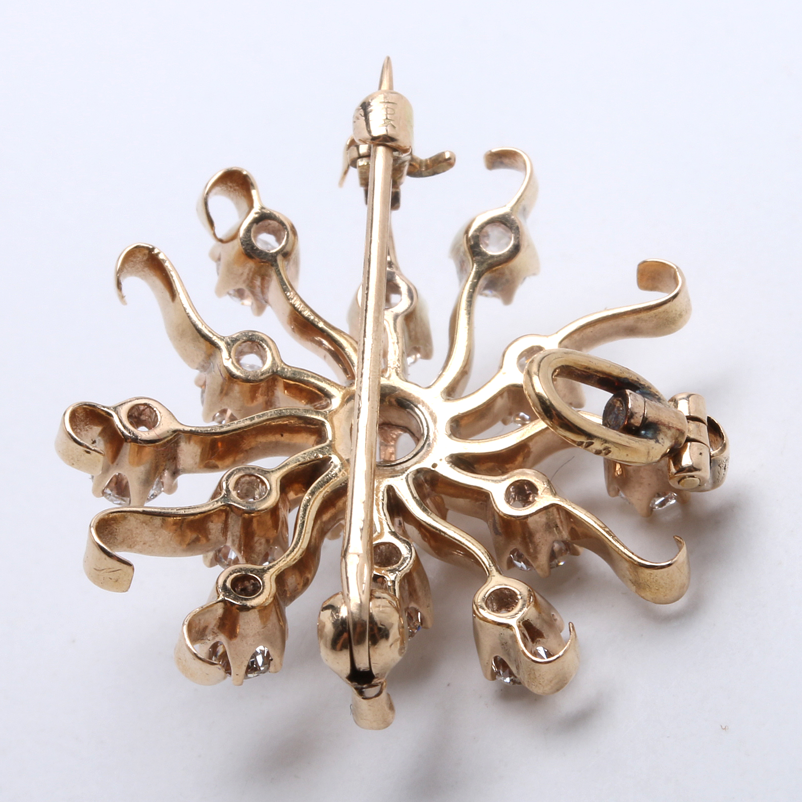 Victorian Revival 14K Yellow Gold Starburst Diamond Pendant Brooch