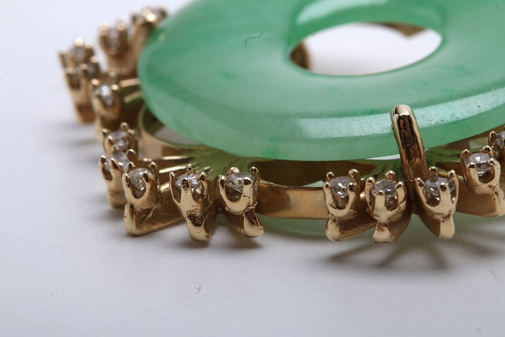 Jadeite "Bi" Form Brooch in 10K Yellow Gold Setting with Diamonds