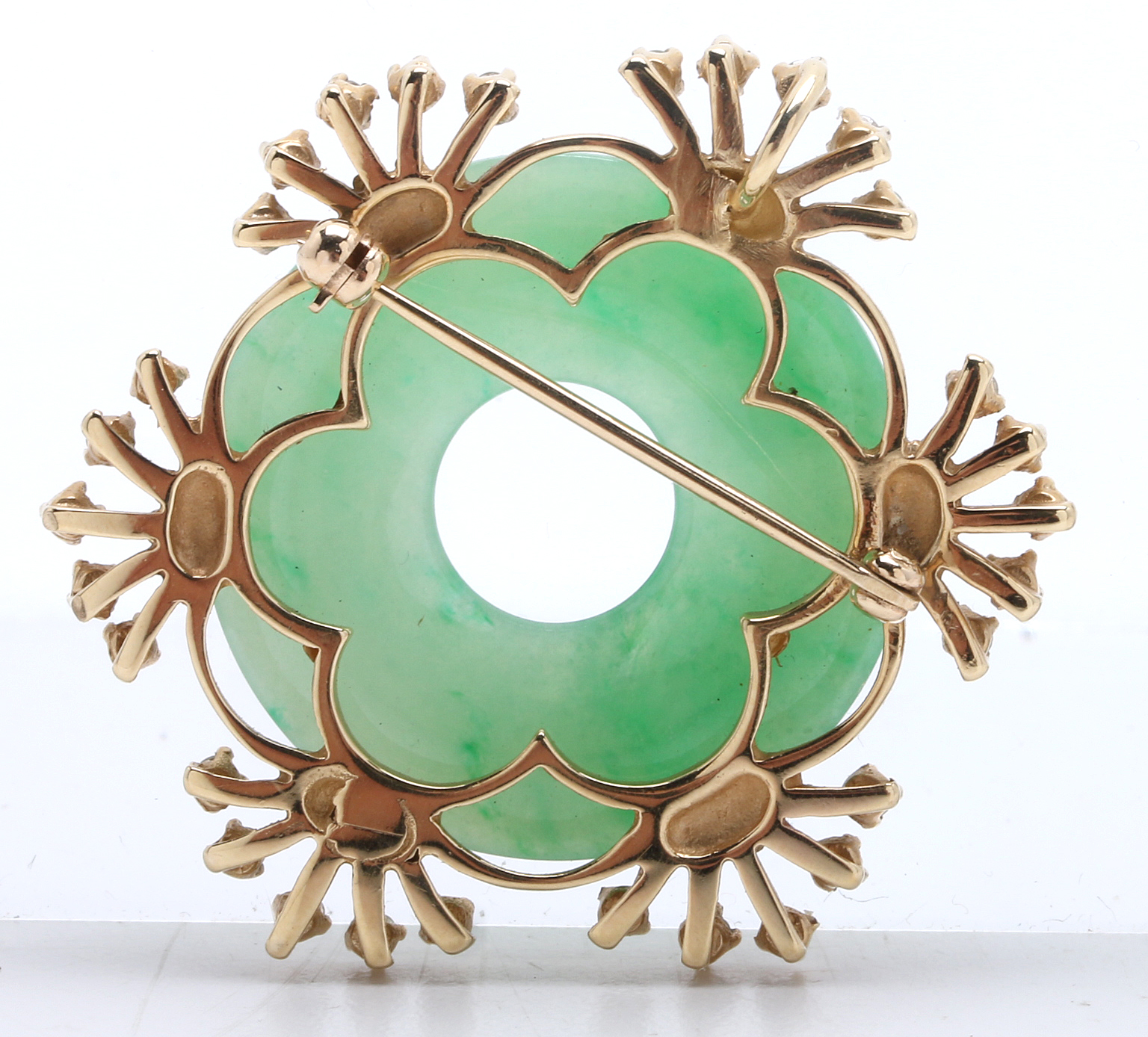 Jadeite "Bi" Form Brooch in 10K Yellow Gold Setting with Diamonds