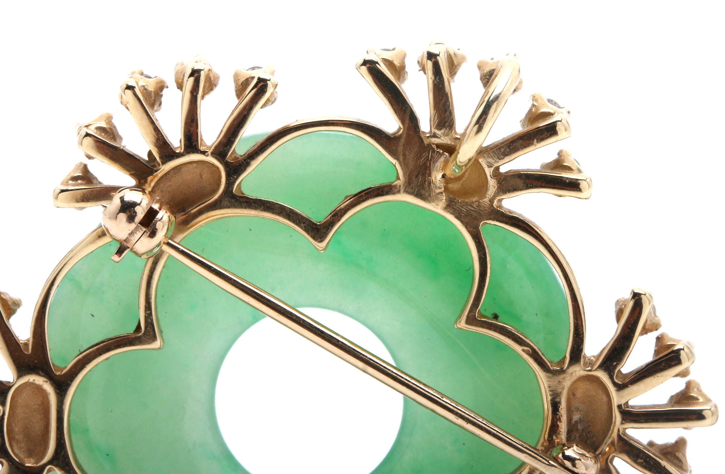 Jadeite "Bi" Form Brooch in 10K Yellow Gold Setting with Diamonds