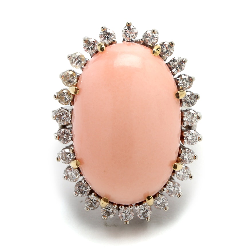 Pale Pink Angel Skin Coral Ring in Diamond and 14K Gold Setting