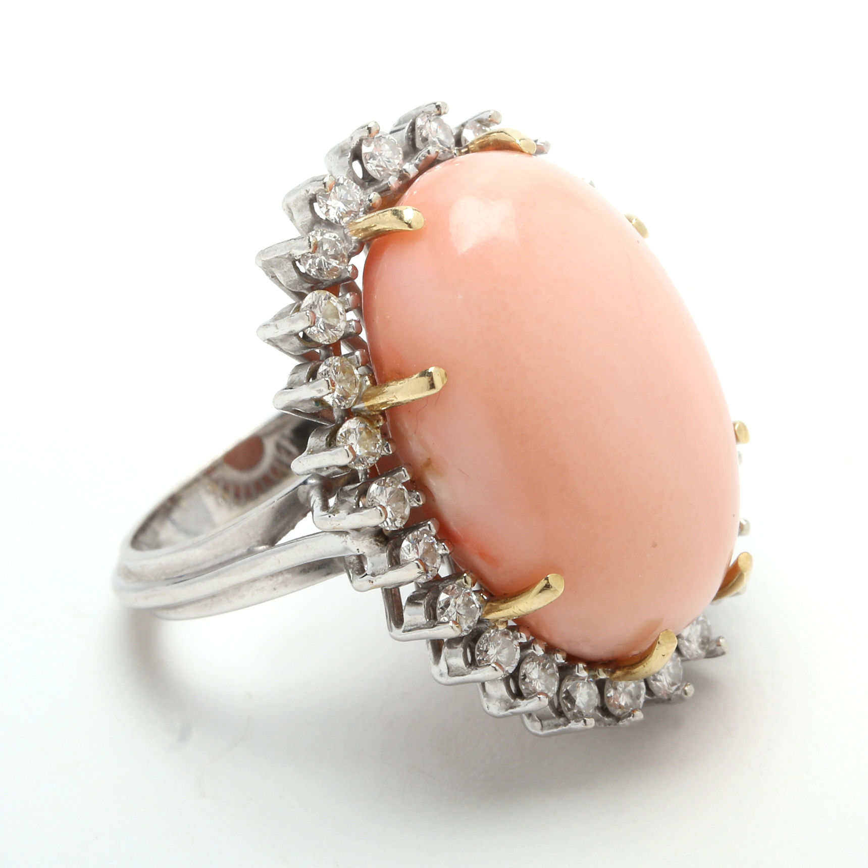 Pale Pink Angel Skin Coral Ring in Diamond and 14K Gold Setting