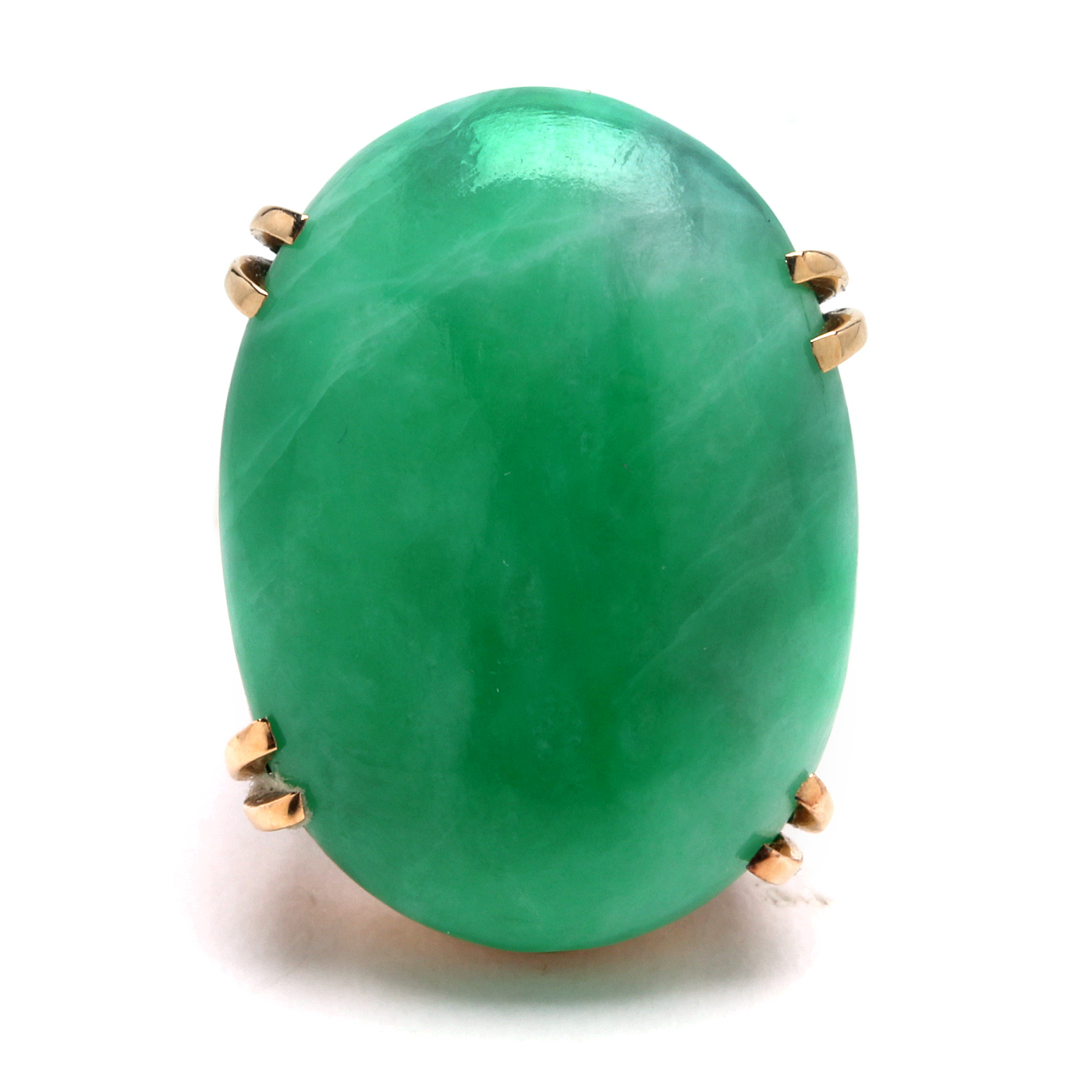 Apple Green Jadeite Oval Cabochon Ring in 14K Yellow Gold