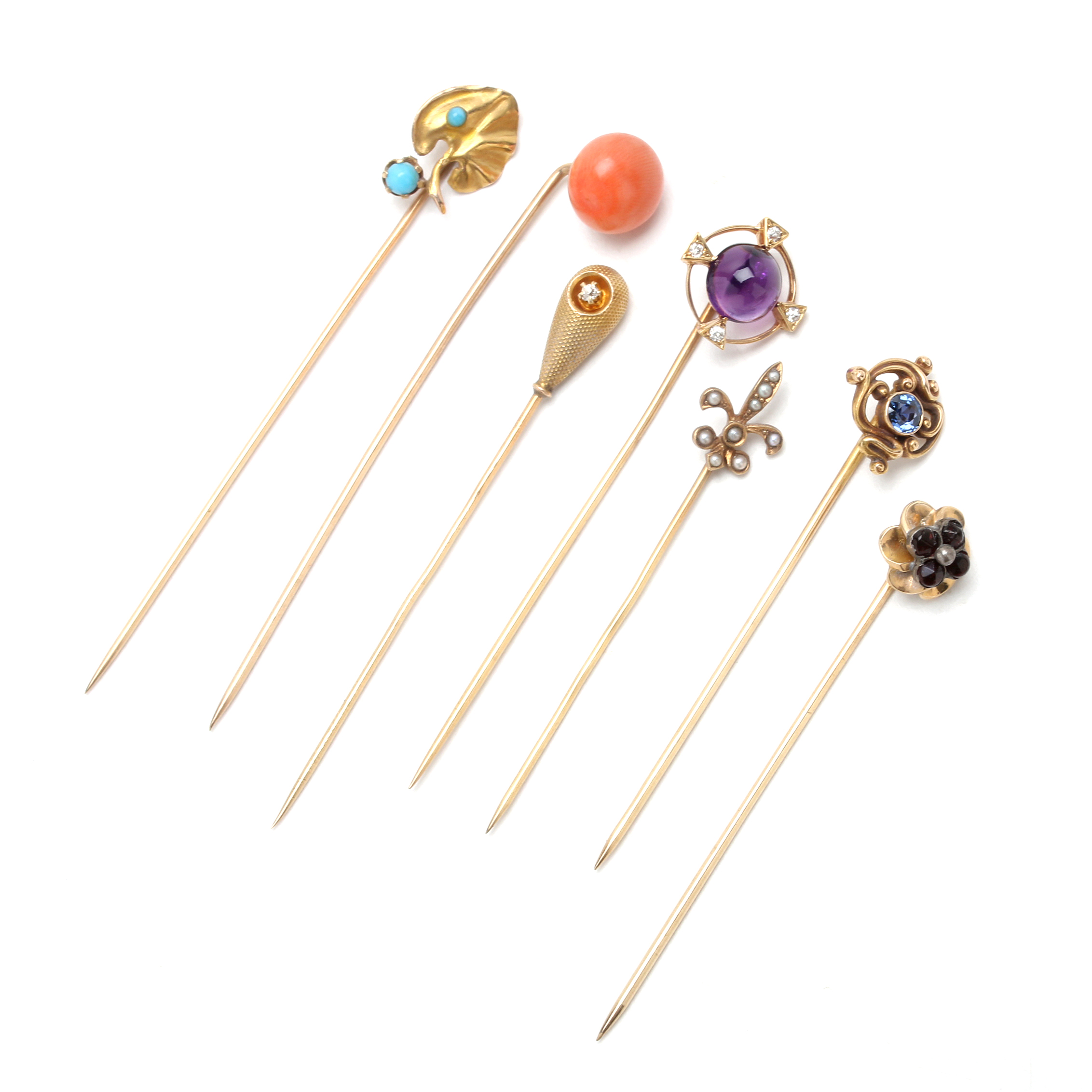 Collection of Seven Antique 14K Yellow Gold Stick Pins