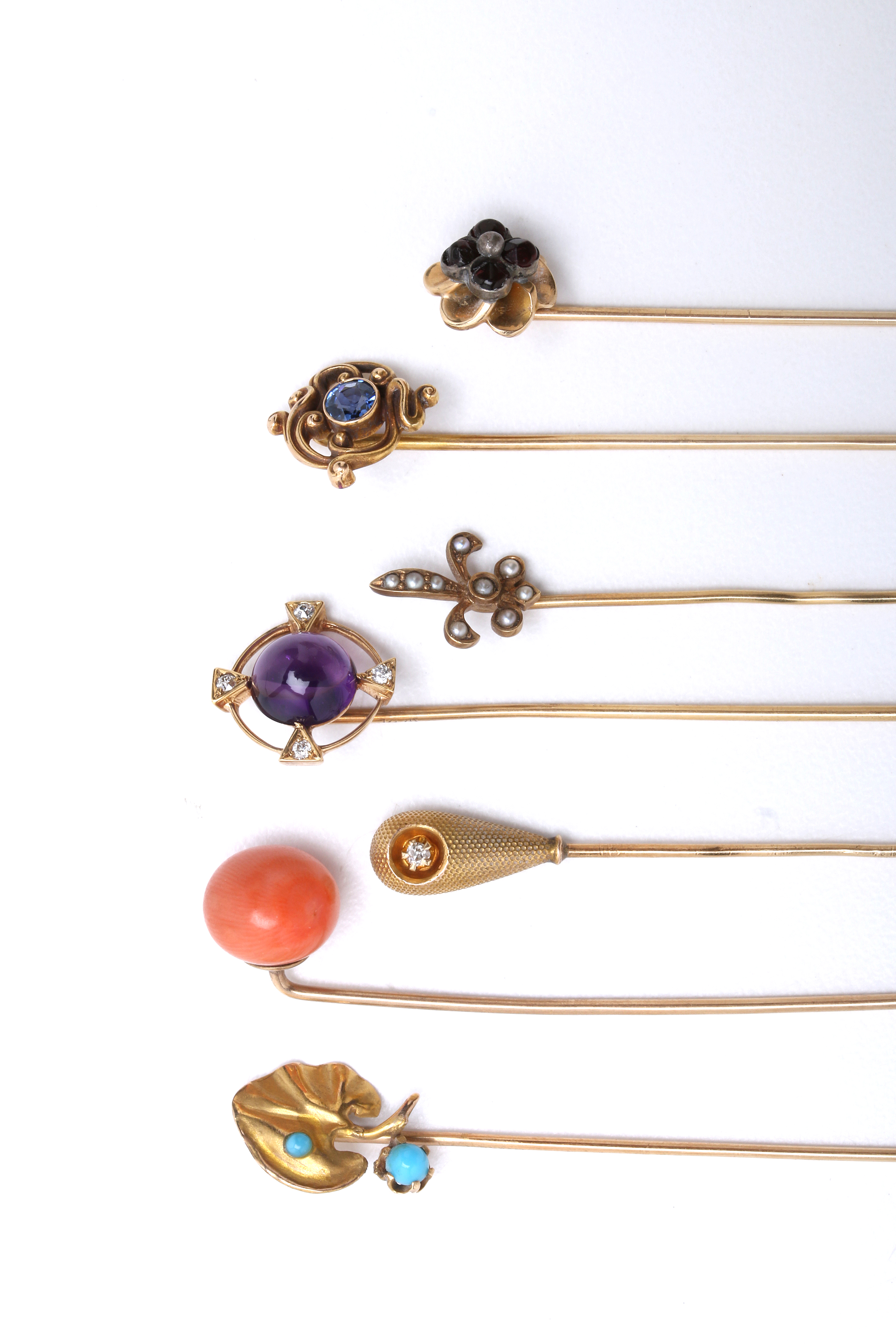 Collection of Seven Antique 14K Yellow Gold Stick Pins