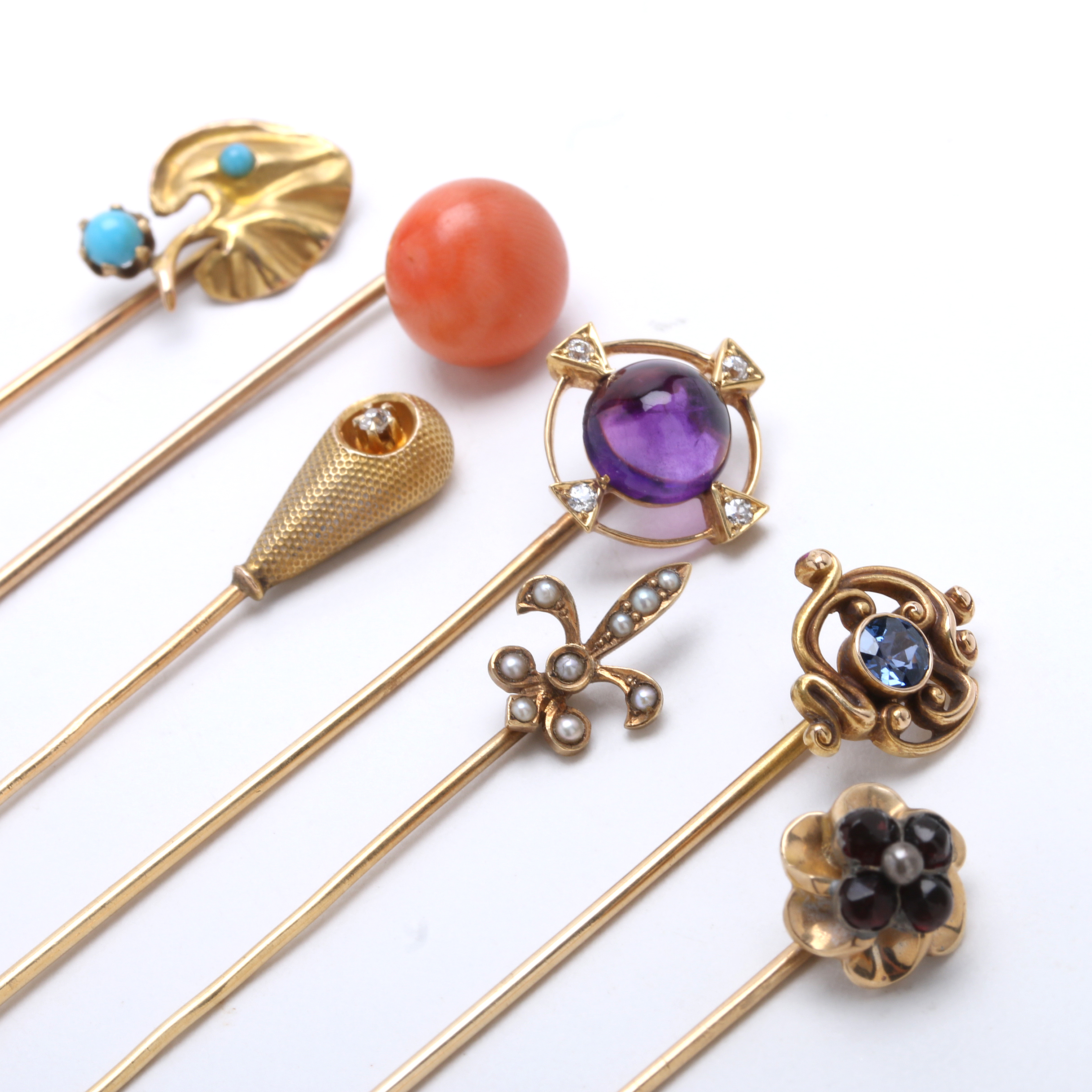 Collection of Seven Antique 14K Yellow Gold Stick Pins