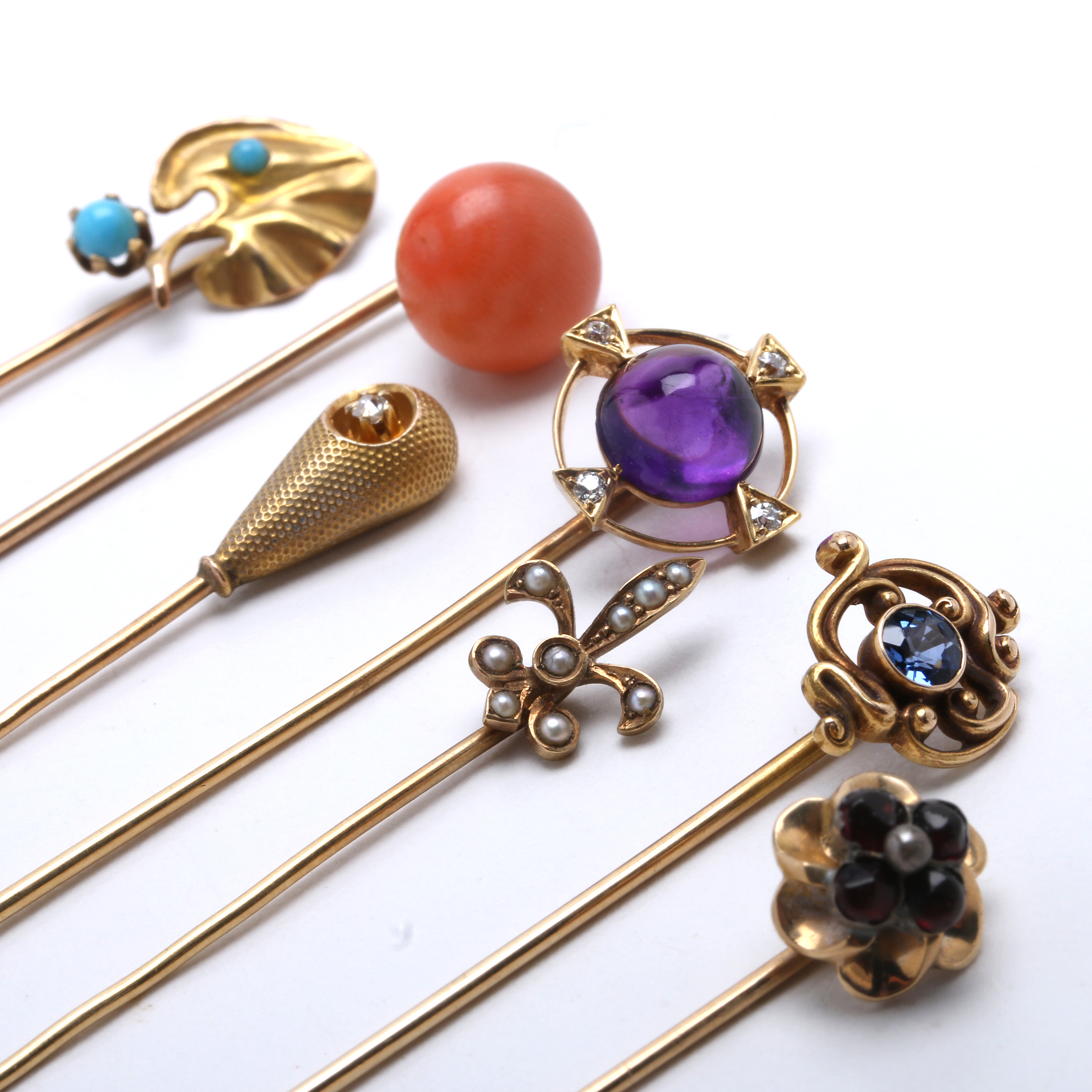 Collection of Seven Antique 14K Yellow Gold Stick Pins