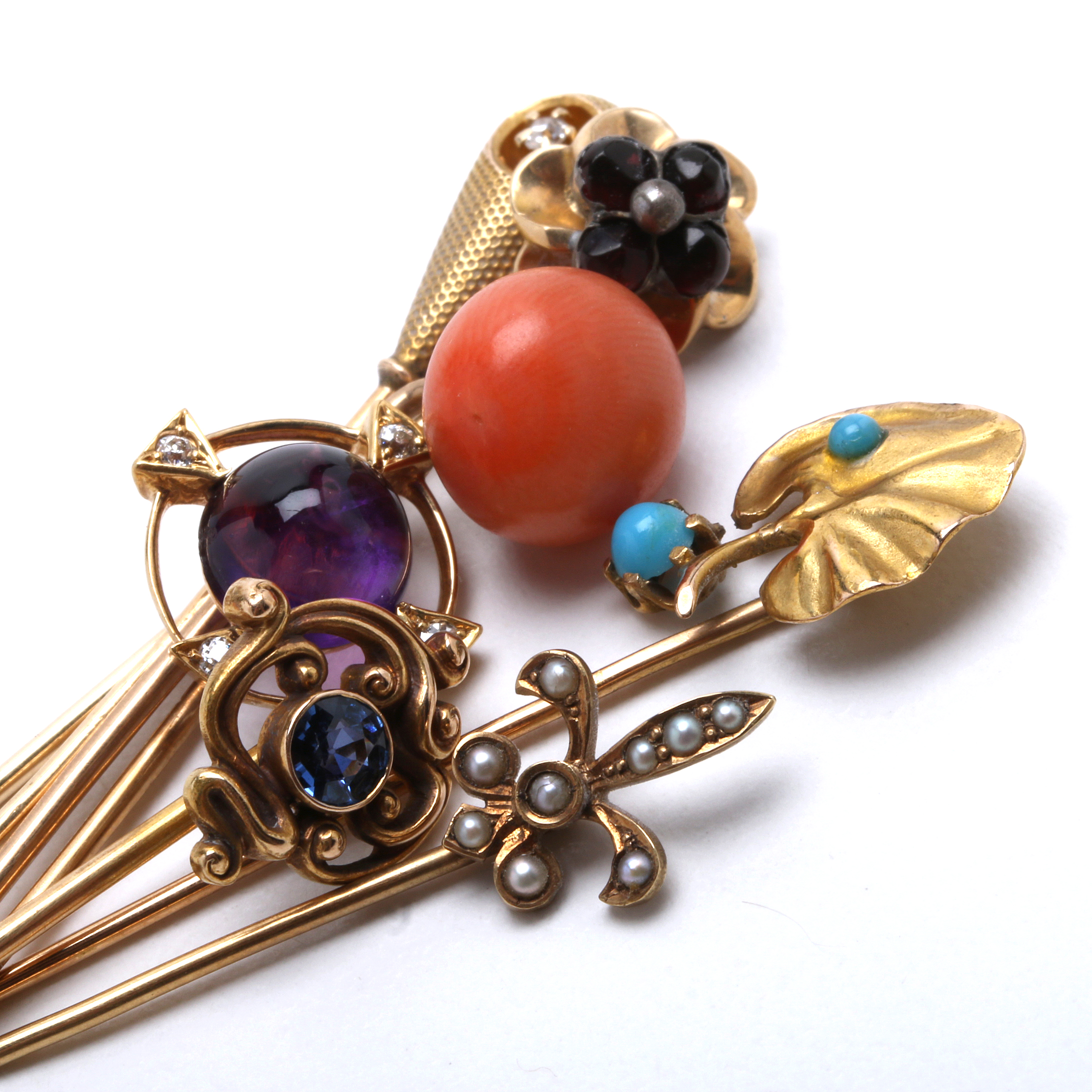 Collection of Seven Antique 14K Yellow Gold Stick Pins