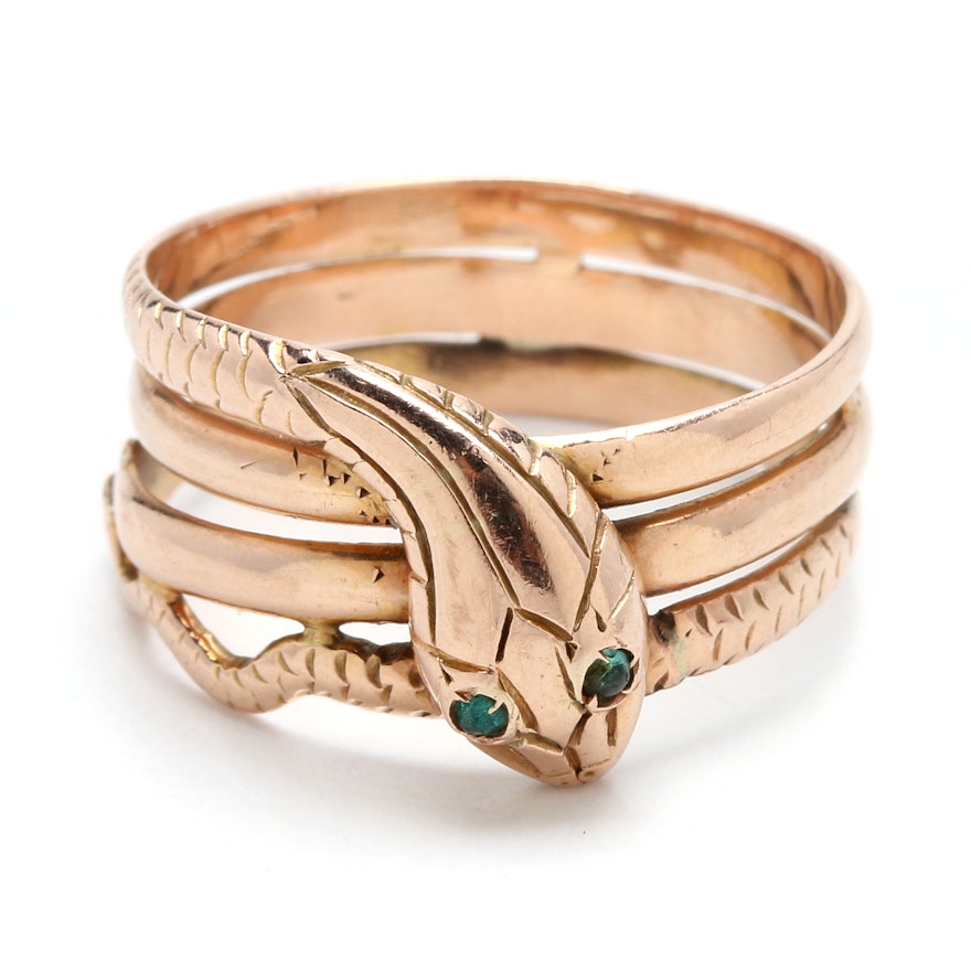 Victorian Revival 14K Rose Gold Snake Ring with Green Glass Eyes