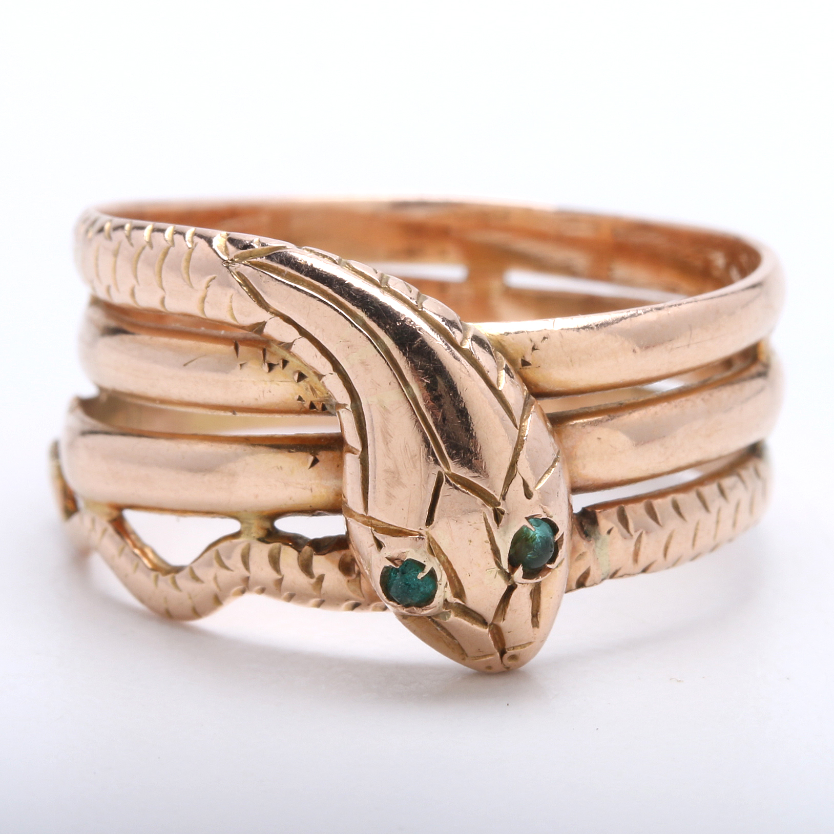 Victorian Revival 14K Rose Gold Snake Ring with Green Glass Eyes