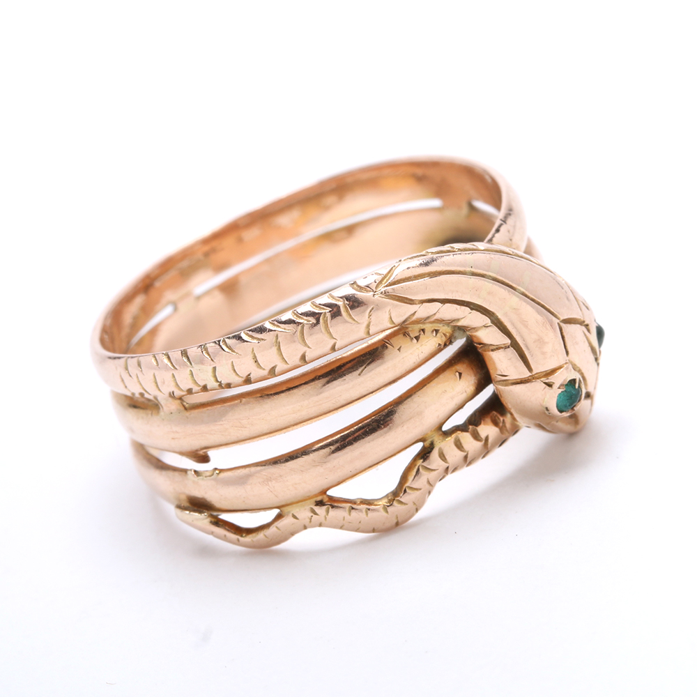 Victorian Revival 14K Rose Gold Snake Ring with Green Glass Eyes