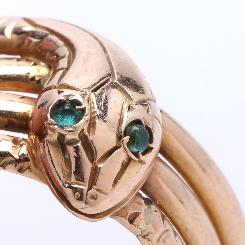 Victorian Revival 14K Rose Gold Snake Ring with Green Glass Eyes