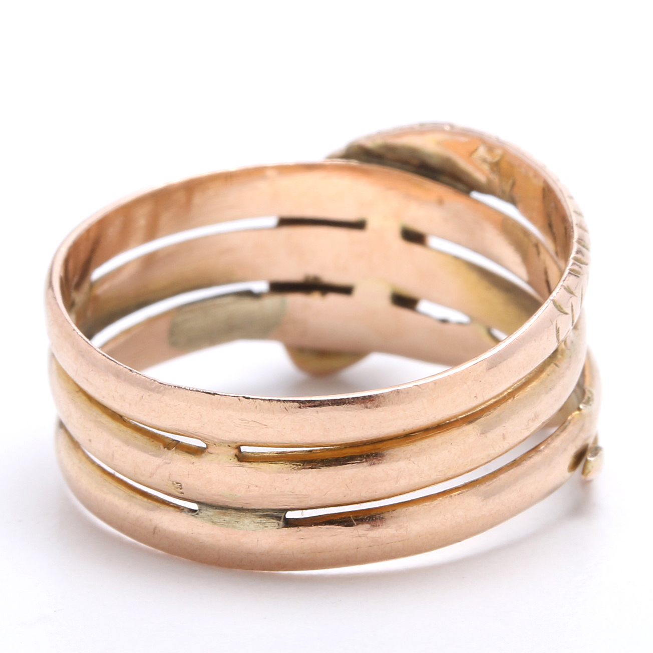 Victorian Revival 14K Rose Gold Snake Ring with Green Glass Eyes