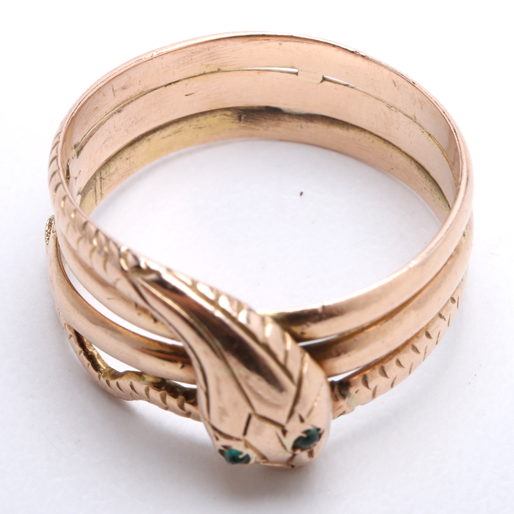 Victorian Revival 14K Rose Gold Snake Ring with Green Glass Eyes