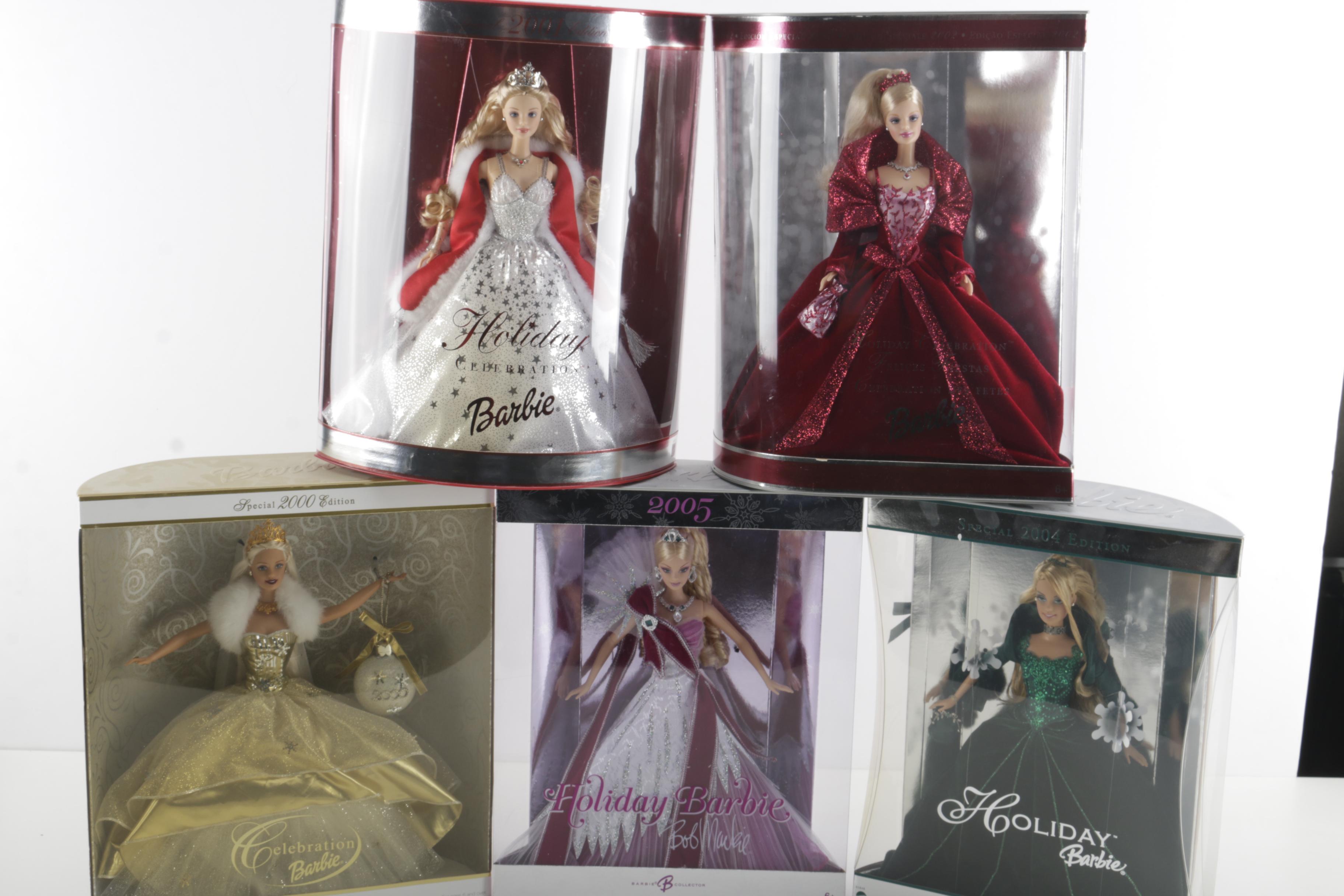Collection of Holiday Barbie Dolls from the Early 2000's