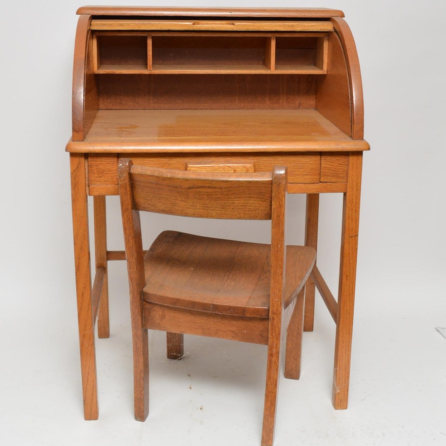 Oak Roll Top Desk and Chair