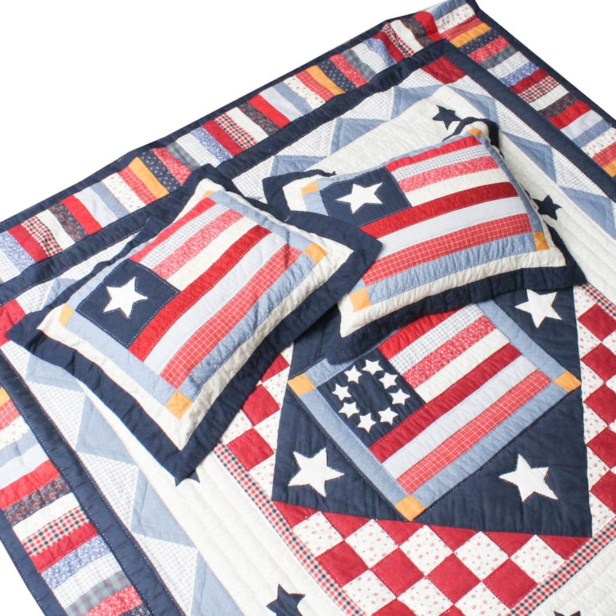 Vintage Hand-Stitched Americana Quilt and Pillow Shams