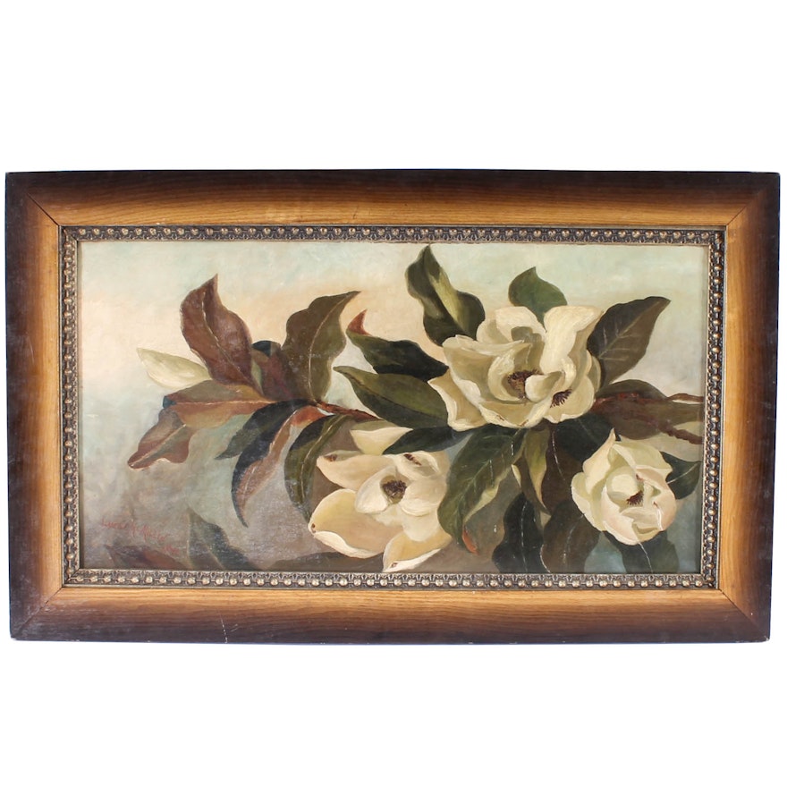 Antique Lucile McMillin Oil Painting "Magnolias"