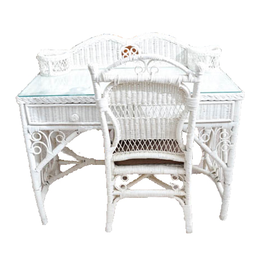 White Wicker Desk With Chair
