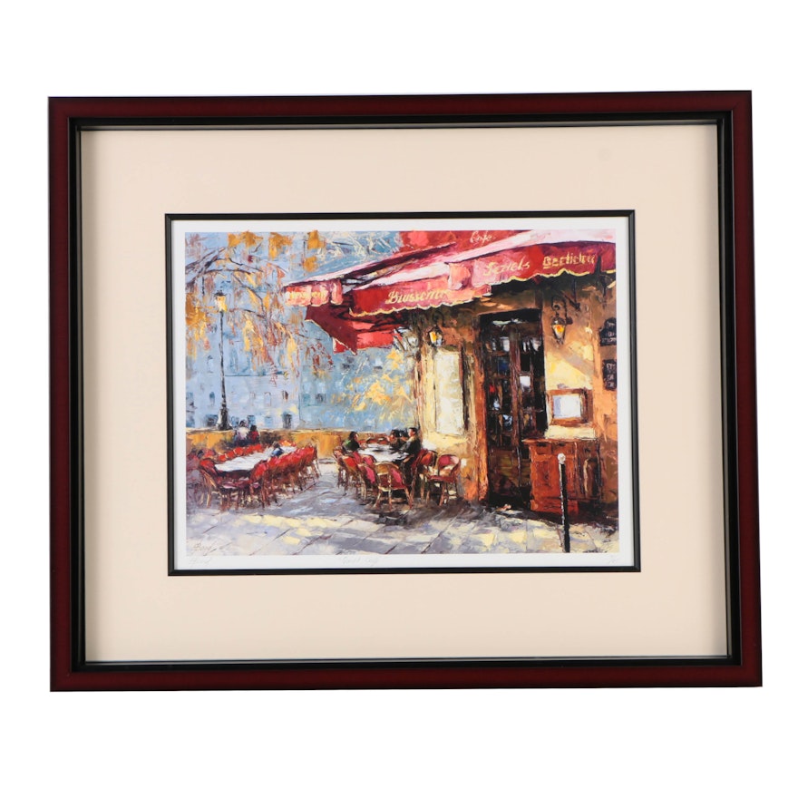 Elena Bond Signed Limited Edition Offset Lithograph with Hand-Painted Embellishments "Quiet Cafe"