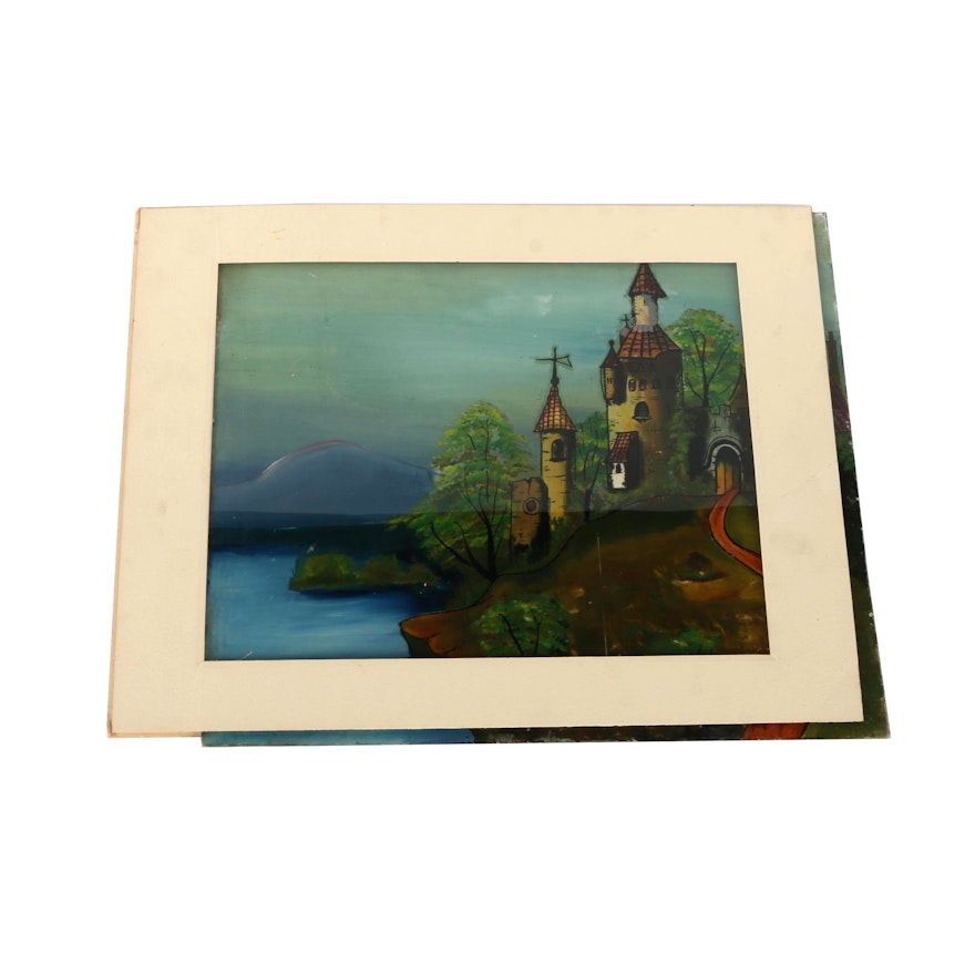 Pruitt Reverse Oil Painting on Glass "Ruins on the Rhine"