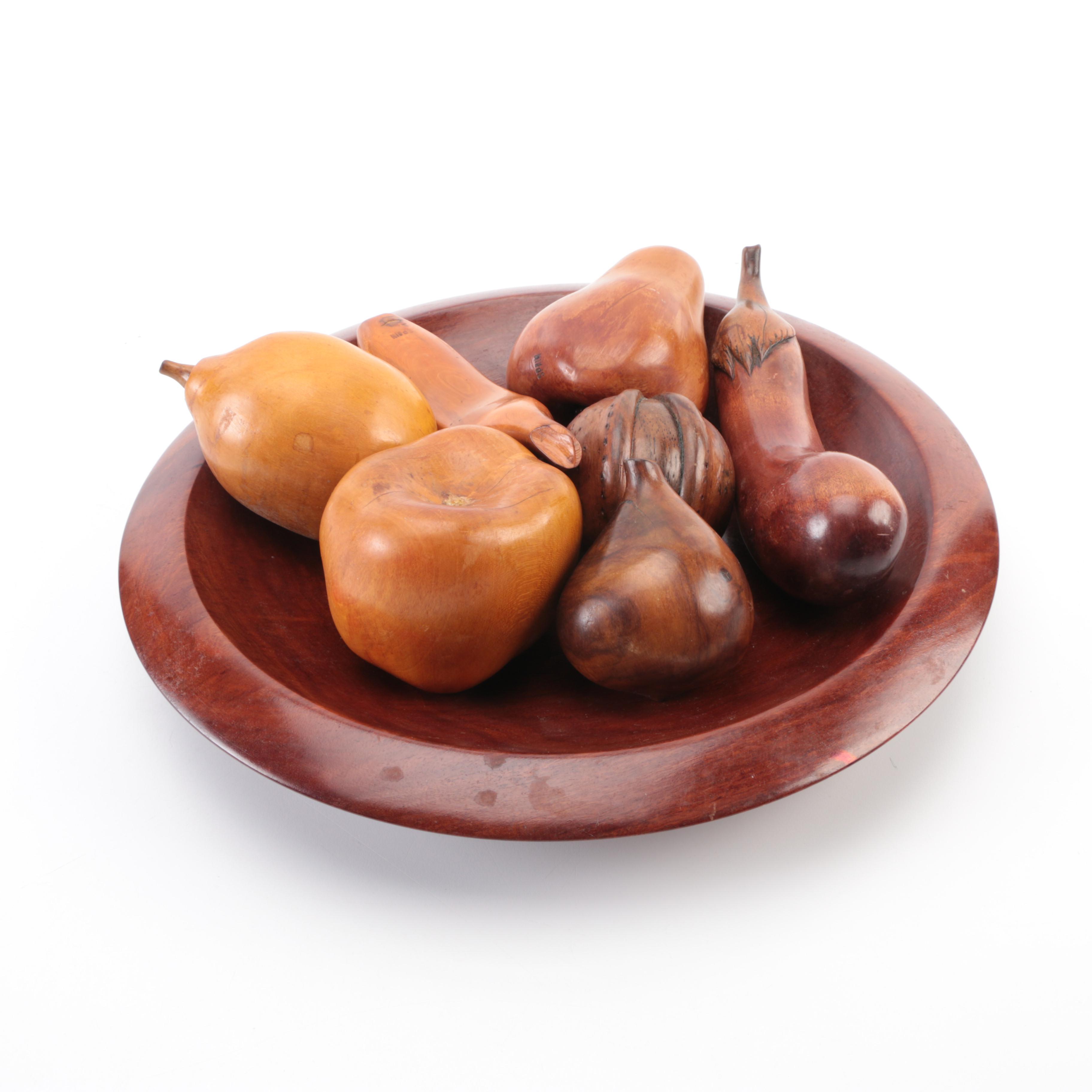 Curupay Fruit Bowl with Seven Decorative Wooden Fruits and Vegetables