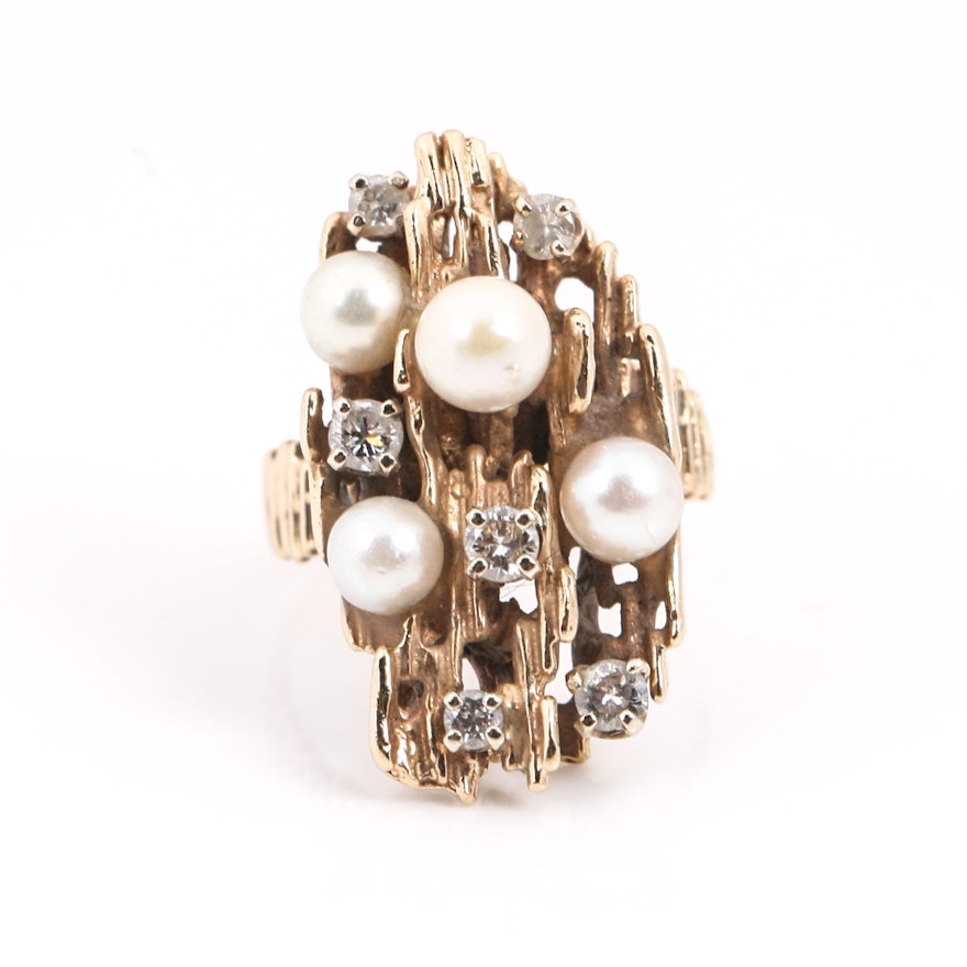 14K Yellow Gold Ring with Pearls and Diamonds