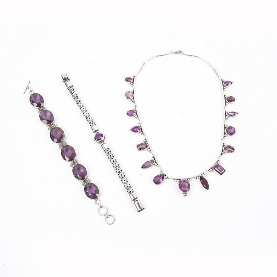 Sterling Silver Amethyst Necklace and Bracelets