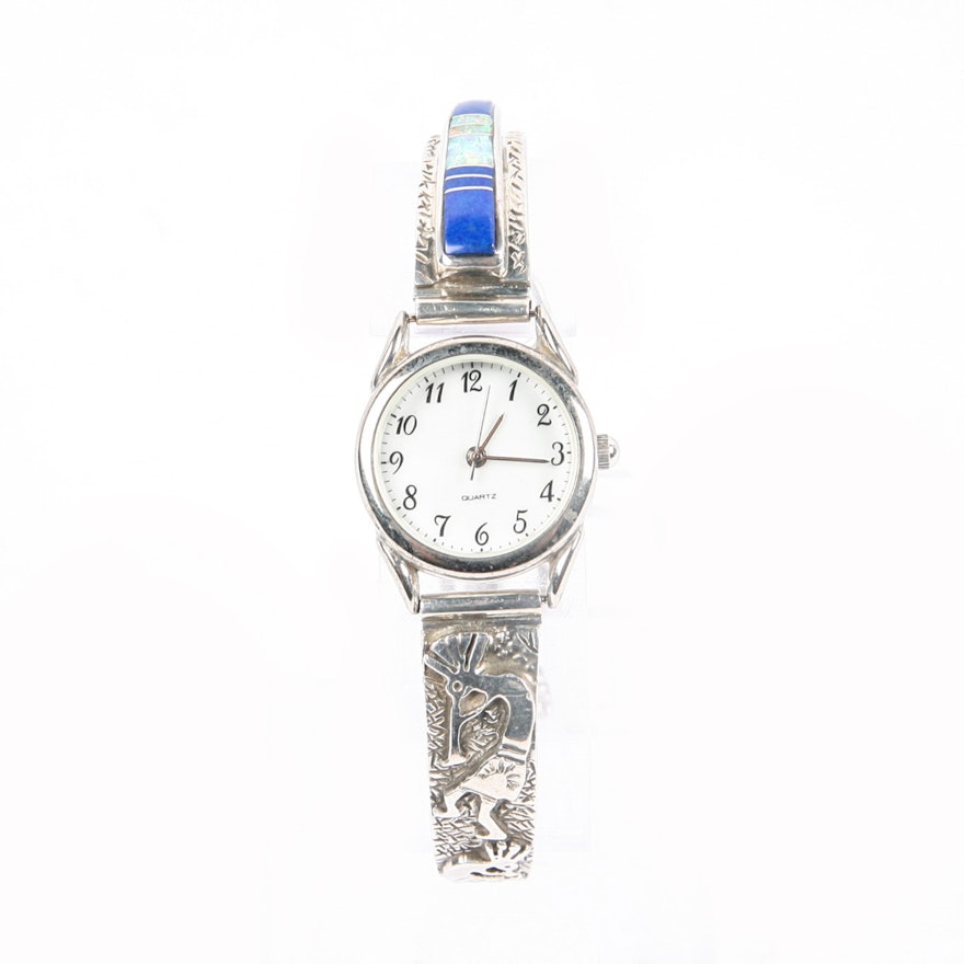 Sterling Silver Wristwatch with Lapis Lazuli and Synthetic Opal