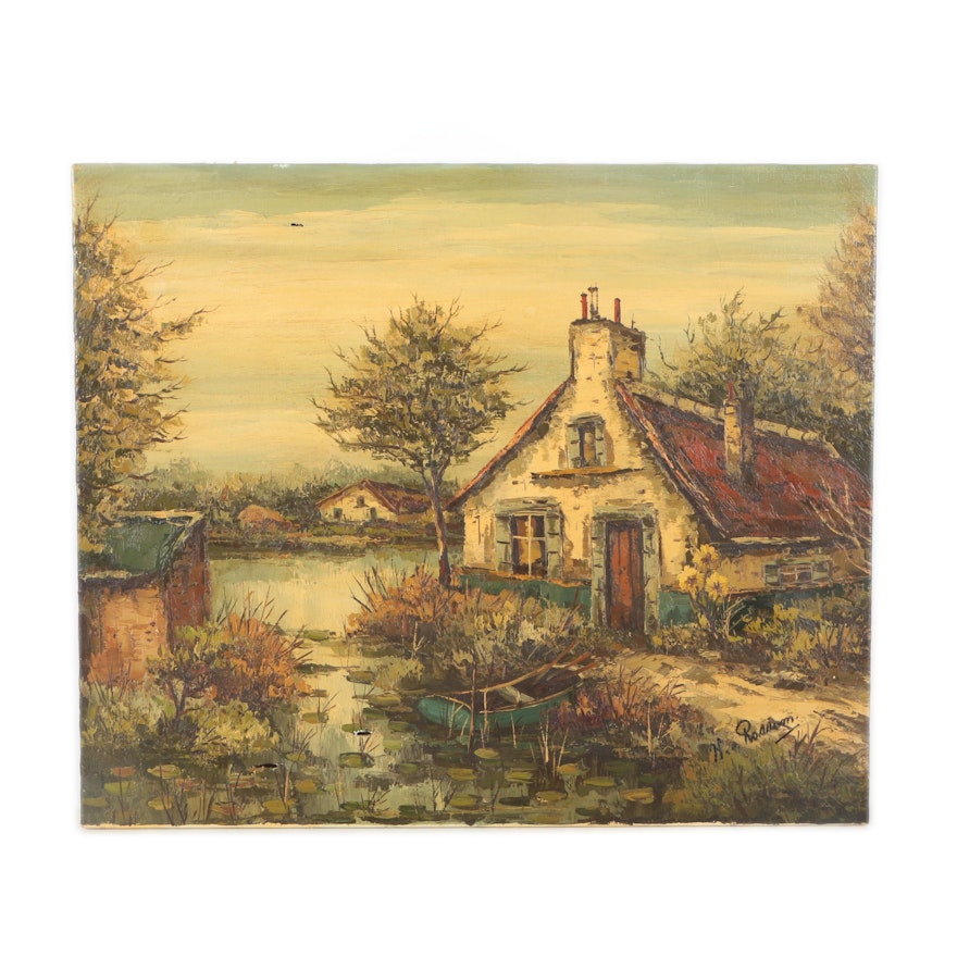 H. Rossum Oil Painting on Canvas of a Cottage on a Pond