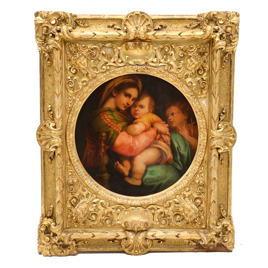 Antique Oil Painting on Canvas After Raphael's "Madonna della seggiola"