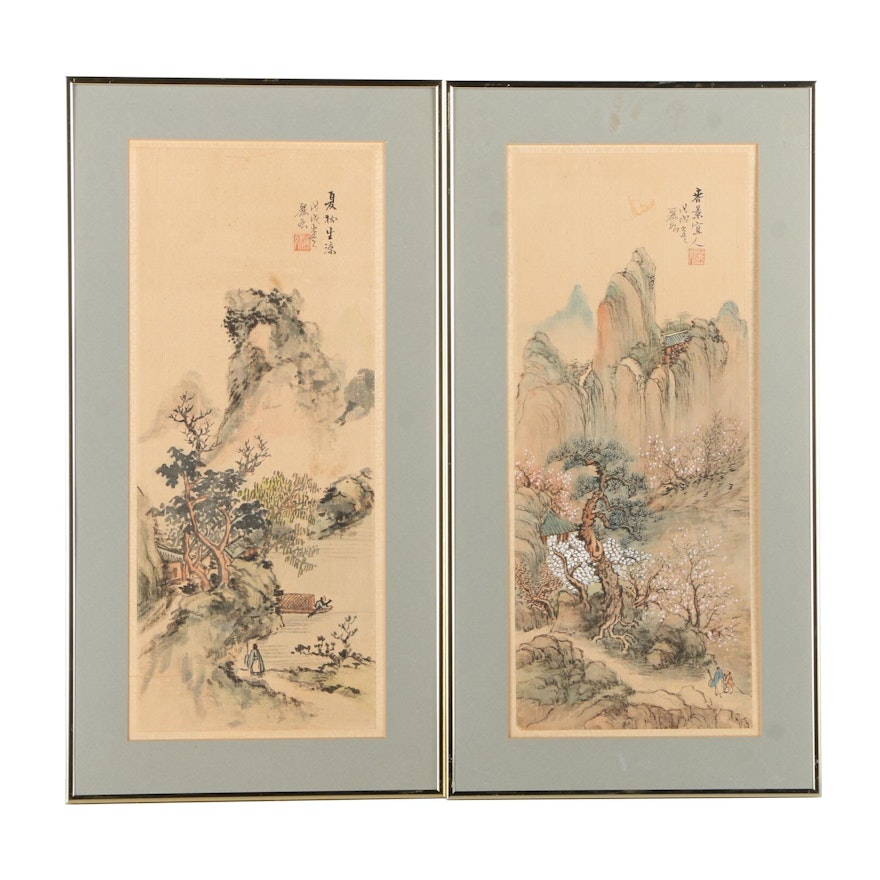 Two East Asian Watercolor, Gouache and Ink Paintings on Silk