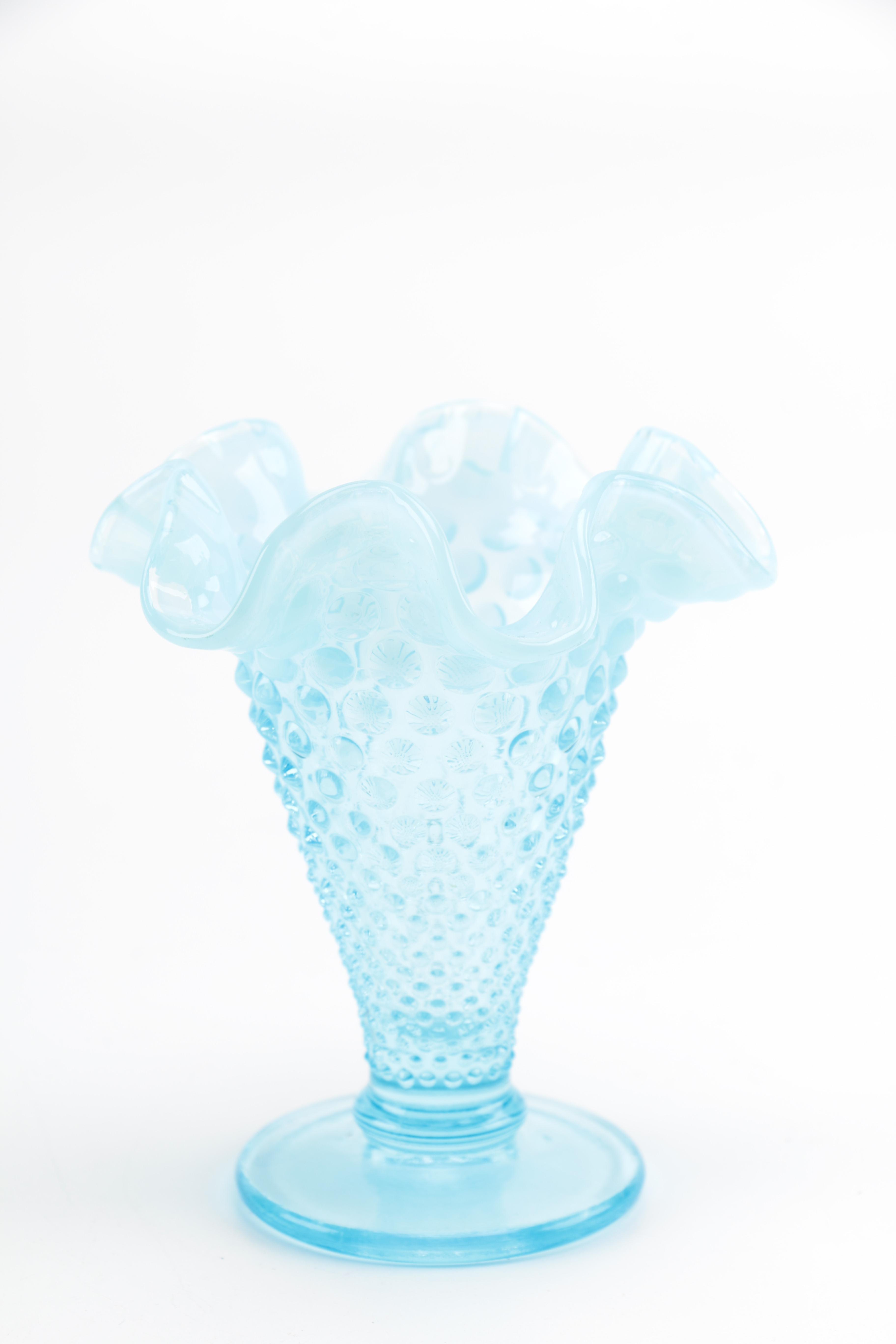 Fenton Style Opalescent Blue Hobnail Glass Vases