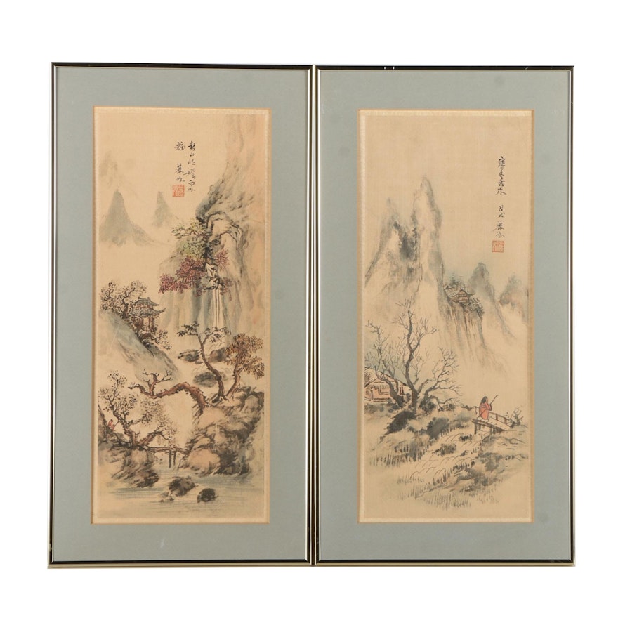 Two East Asian Watercolor and Ink Paintings on Silk of Mountain Landscapes